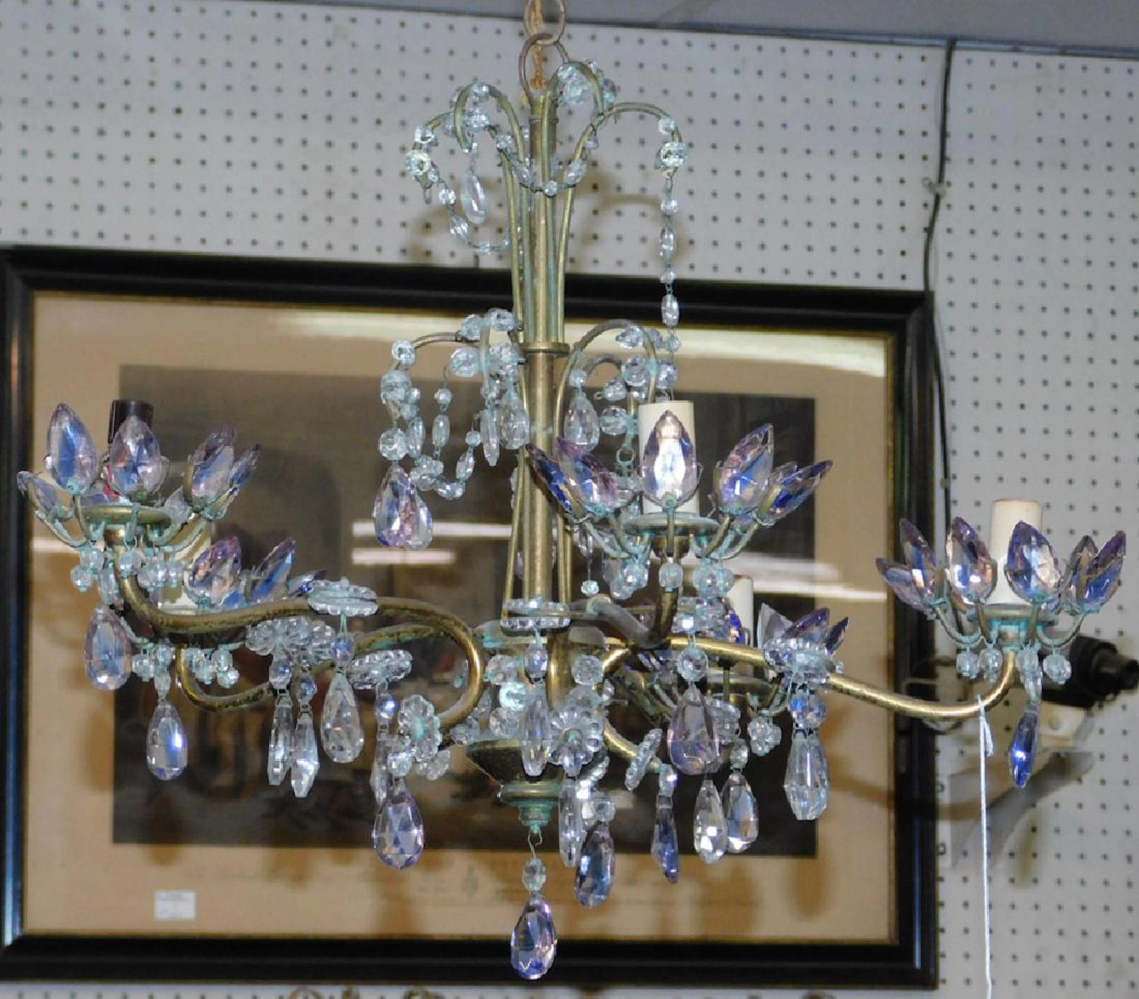 5 light brass and crystal foyer chandelier. 14" long.