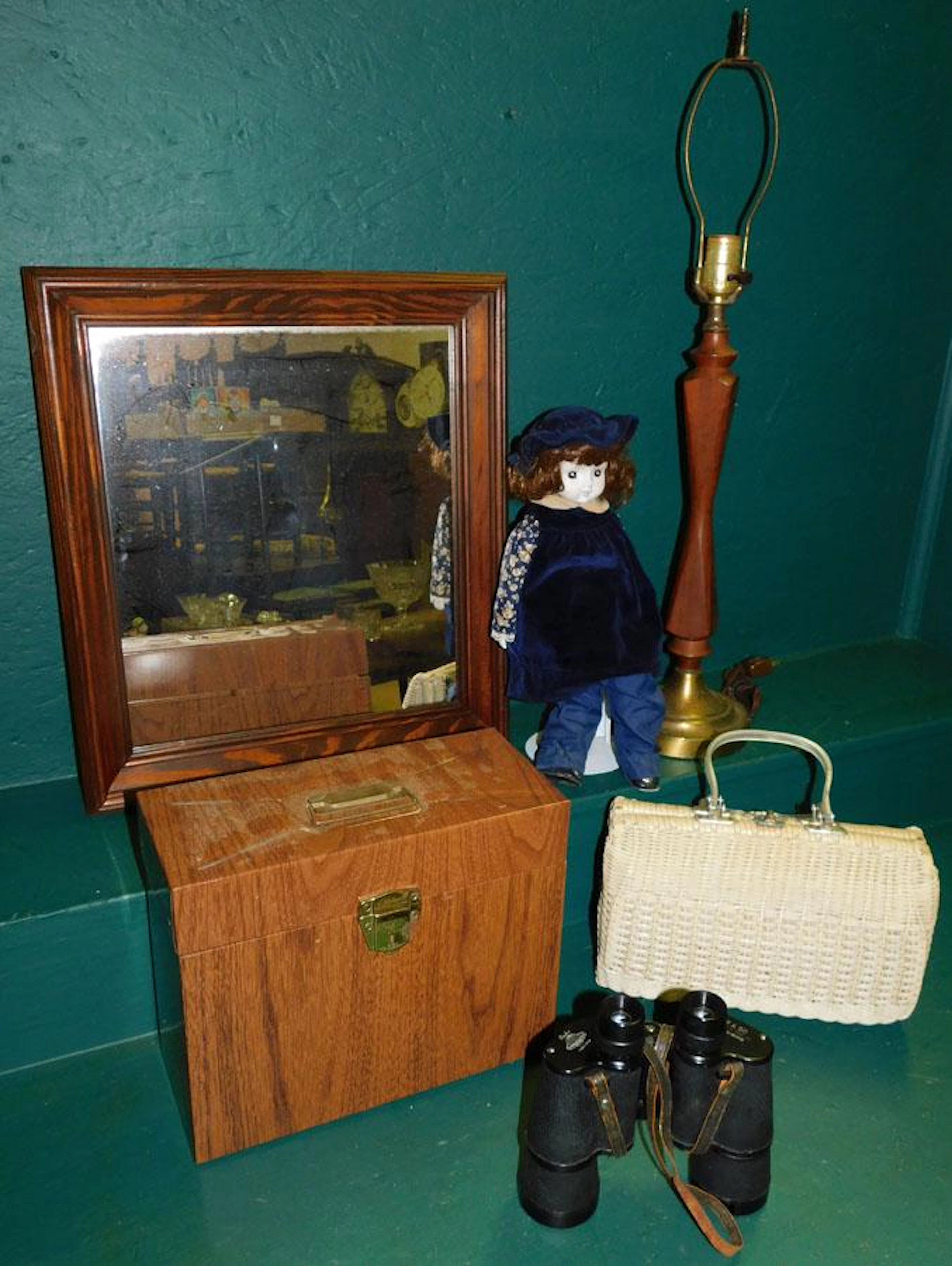 Pine Mirror, Vintage Metal Box, Wicker Purse,etc