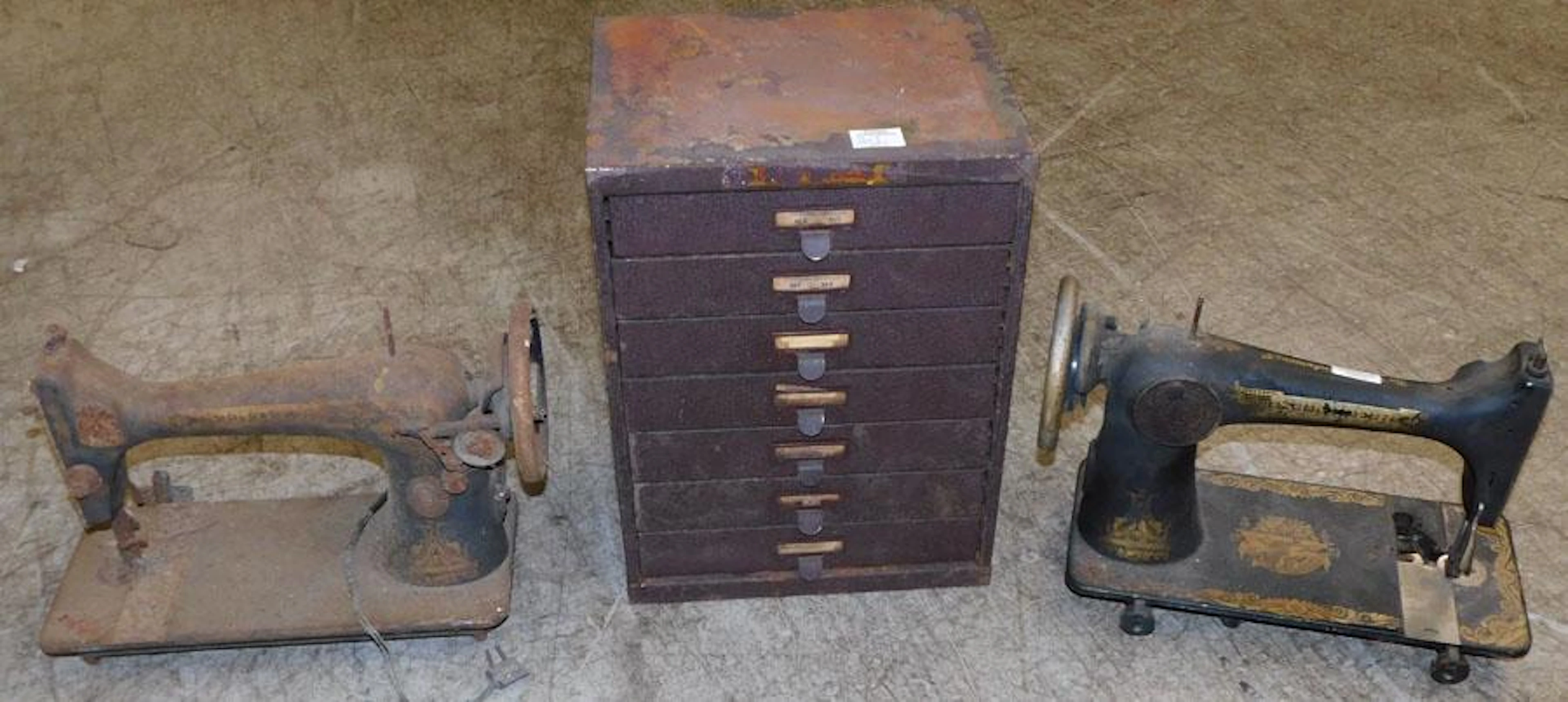 Metal Cabinet W/ Contents & Two Sewing Machines