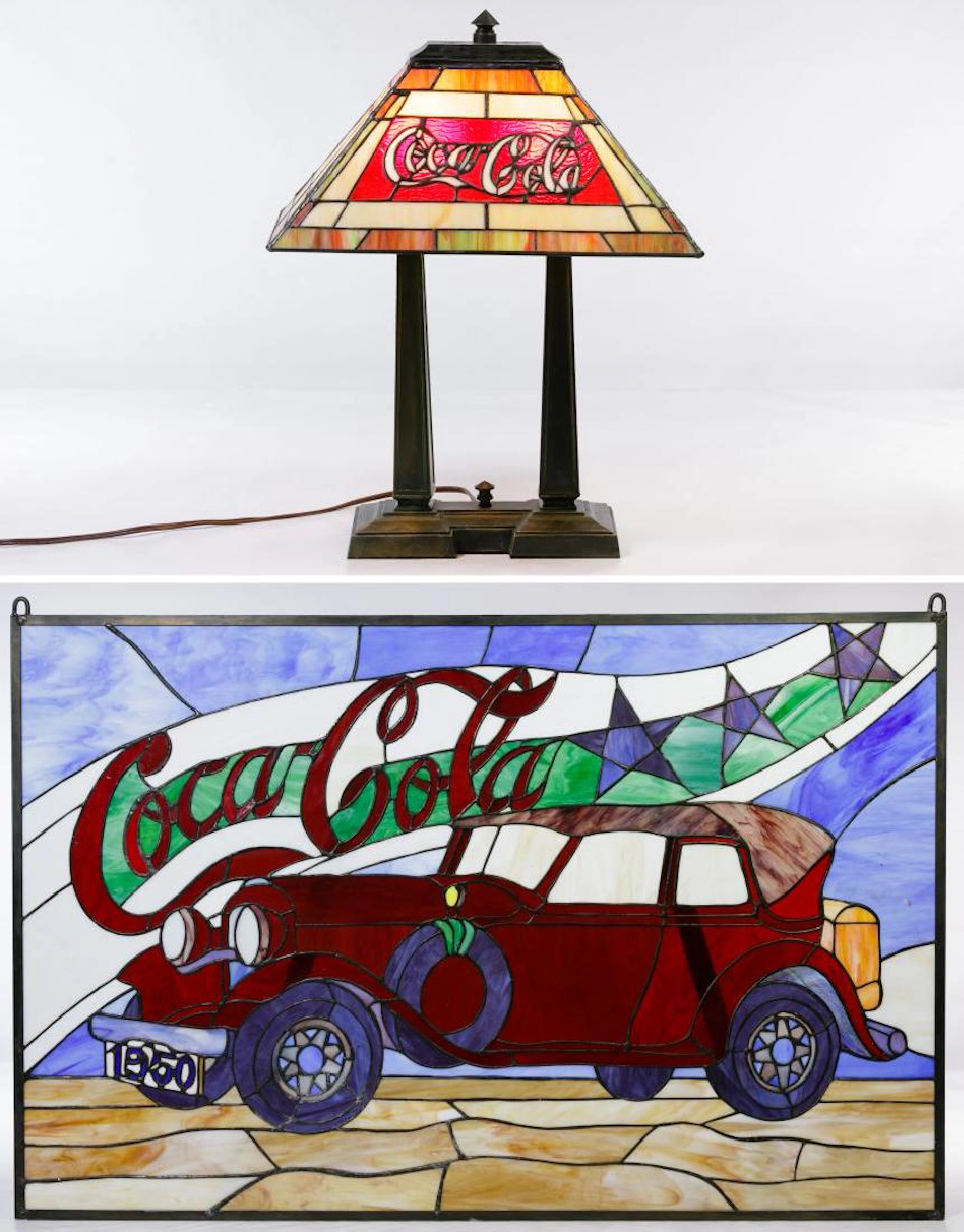 Stained Glass Style Coca-Cola Advertising Sign and Desk