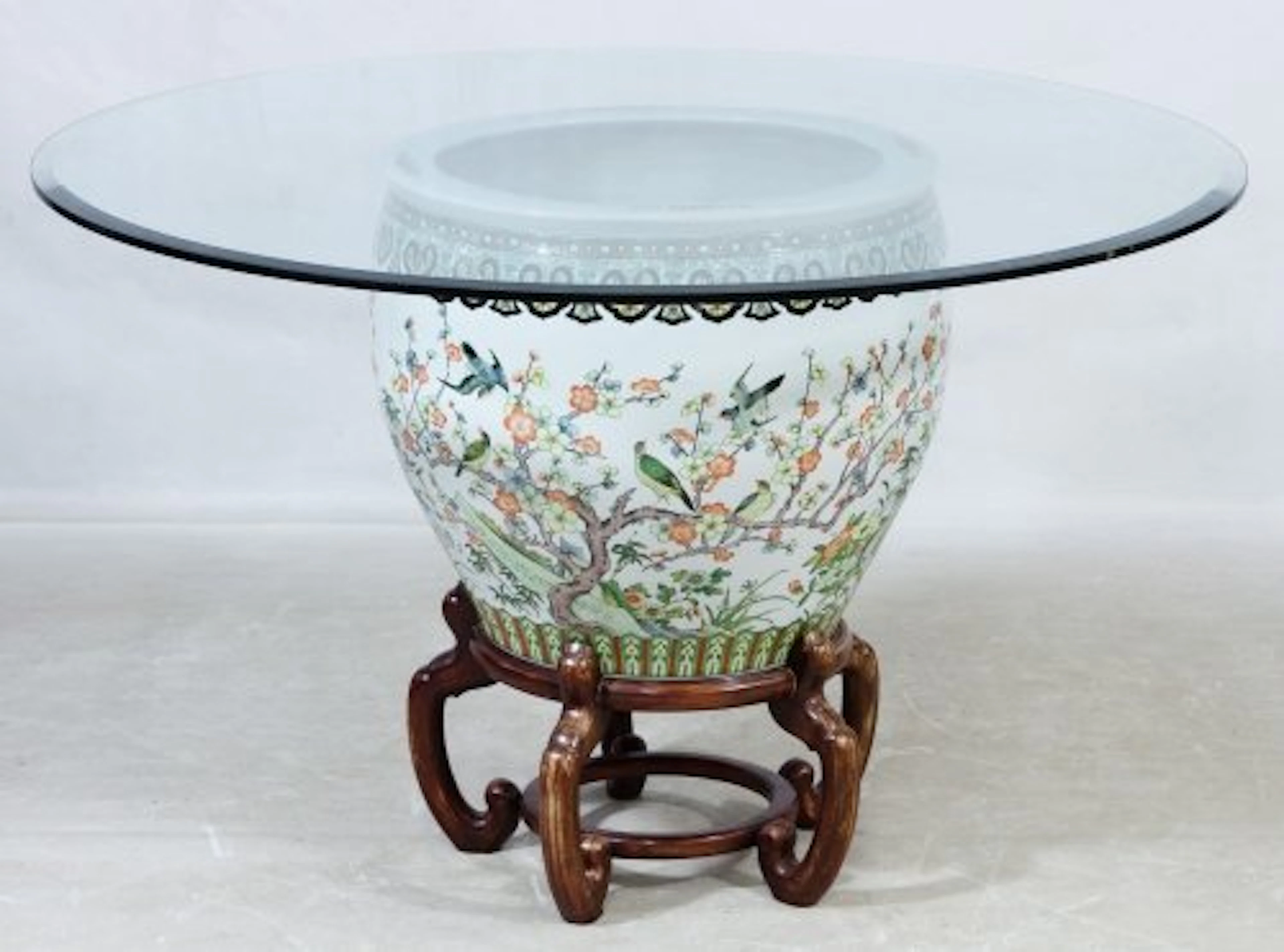Asian Style Fish Bowl and Glass Top Coffee Table