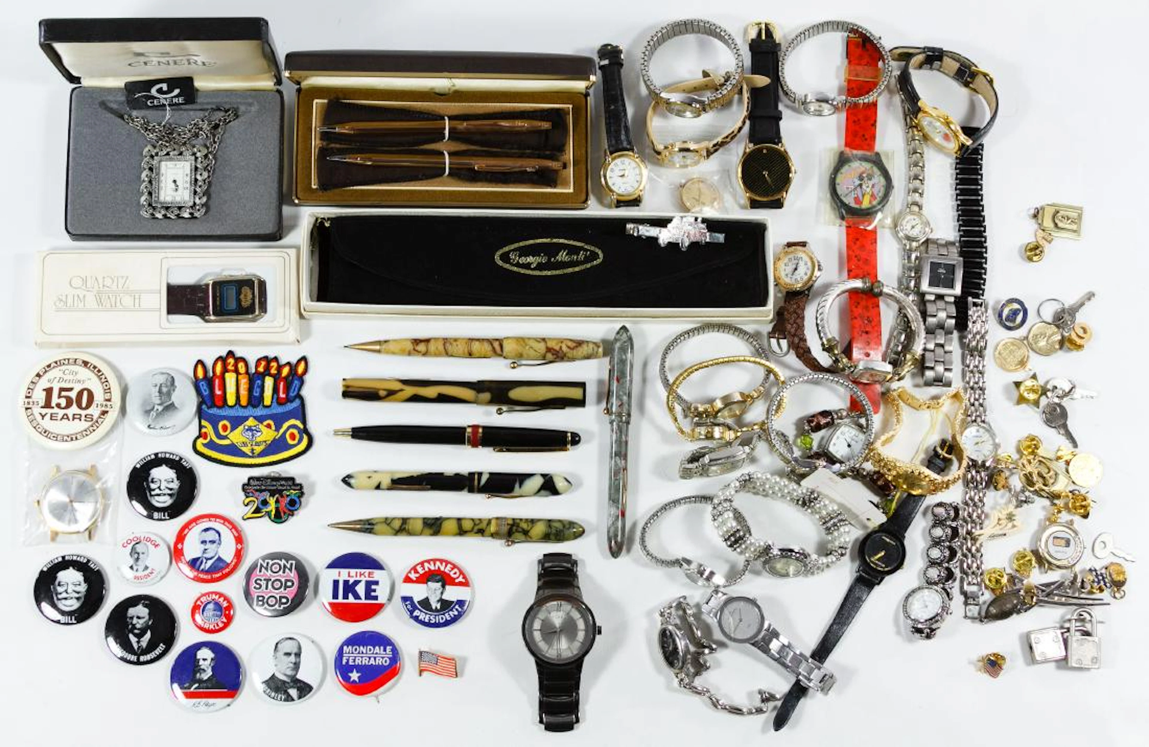Wrist Watch, Pen and Political Pin Assortment