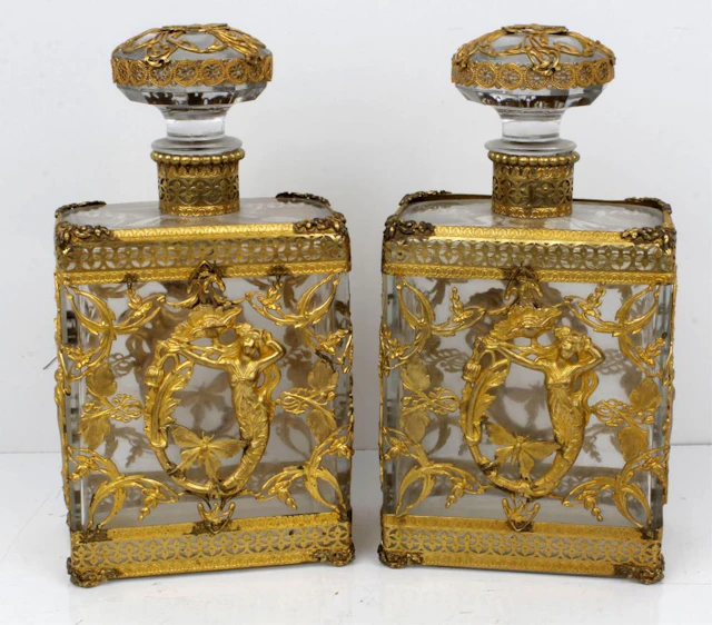 EDWARDIAN GILDED BRONZE DECANTERS