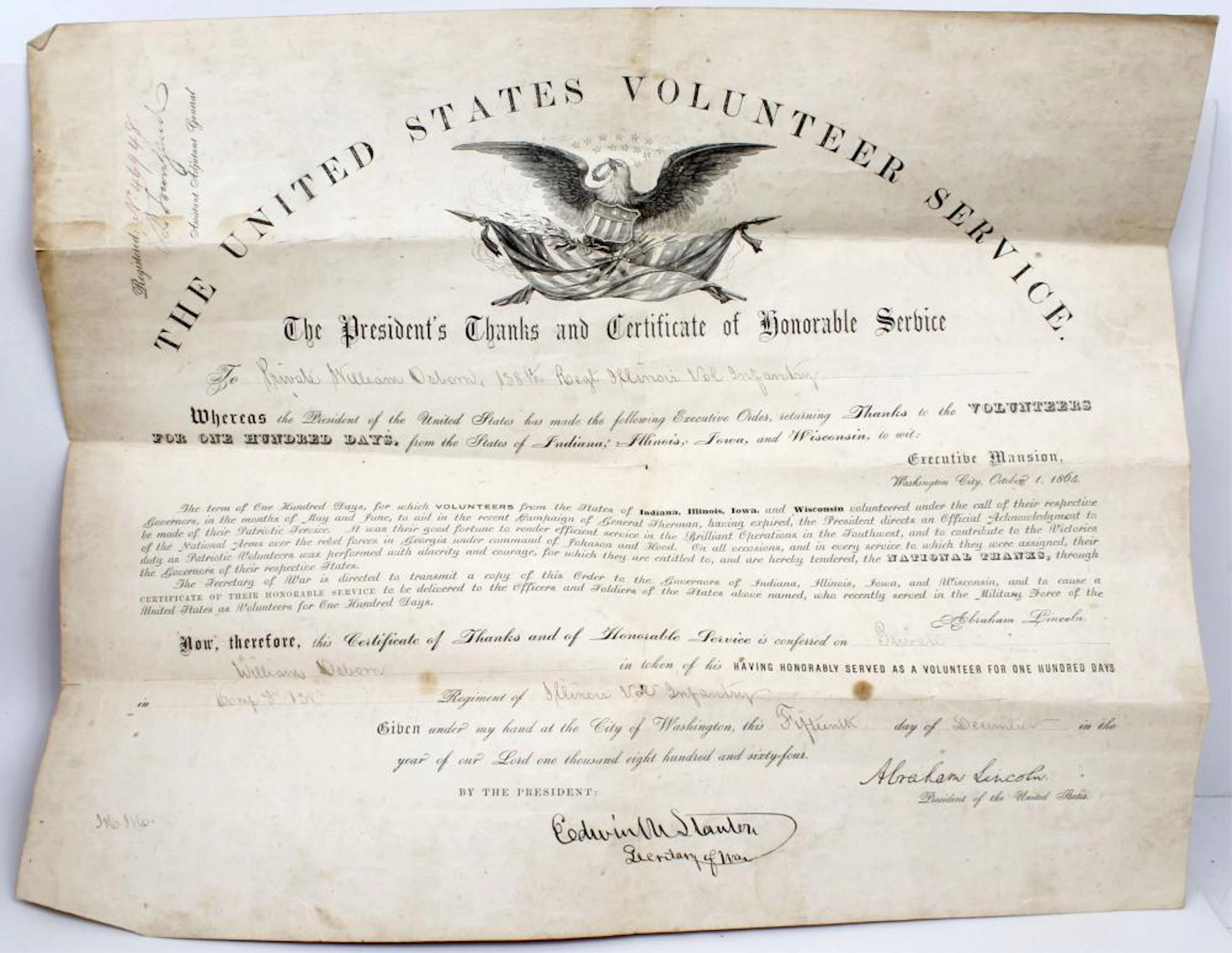 ABRAHAM LINCOLN CIVIL WAR HONORABLE DISCHARGE