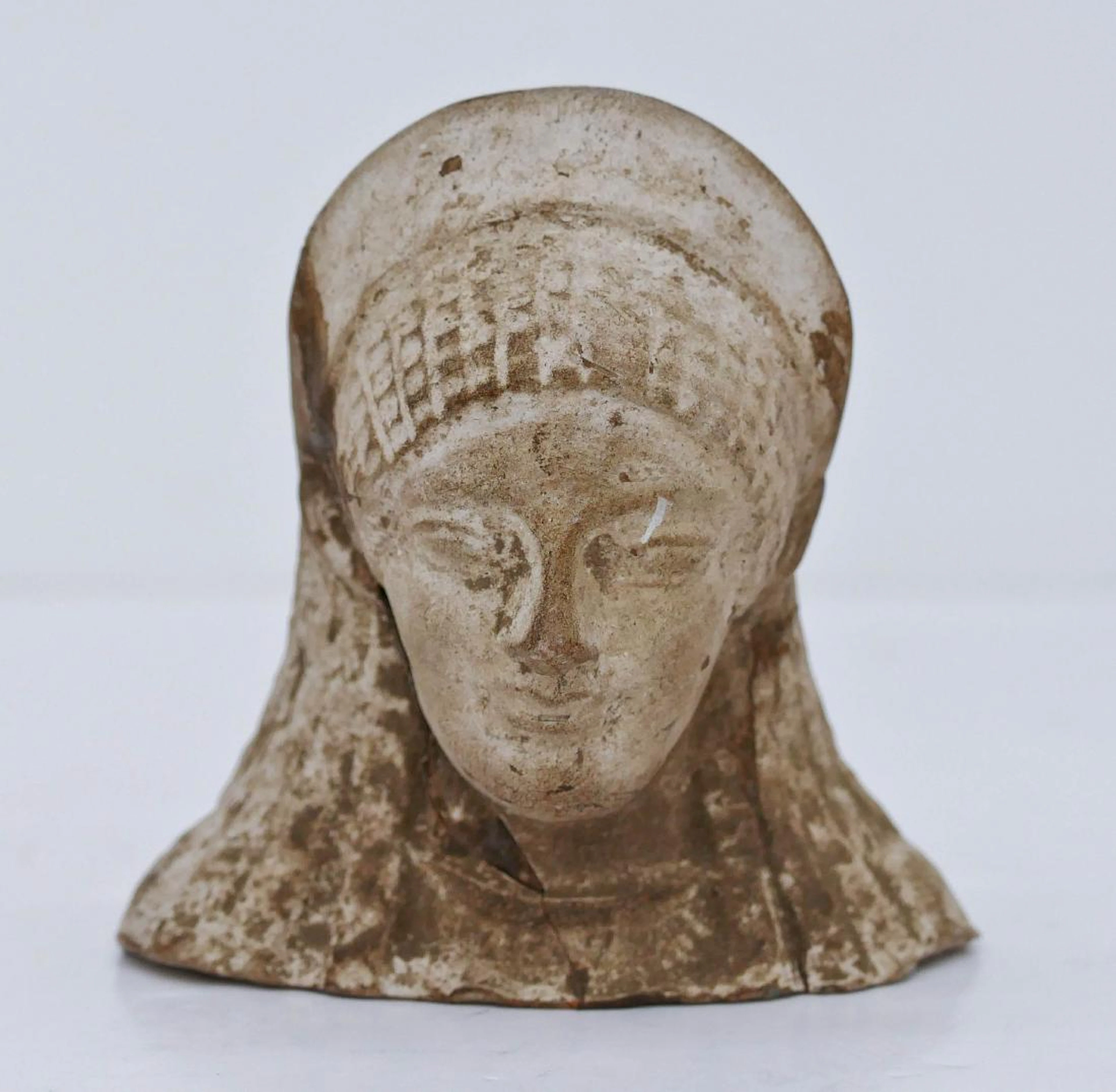 Ancient Etruscan Ceramic Female Head 4''x4''. A veiled