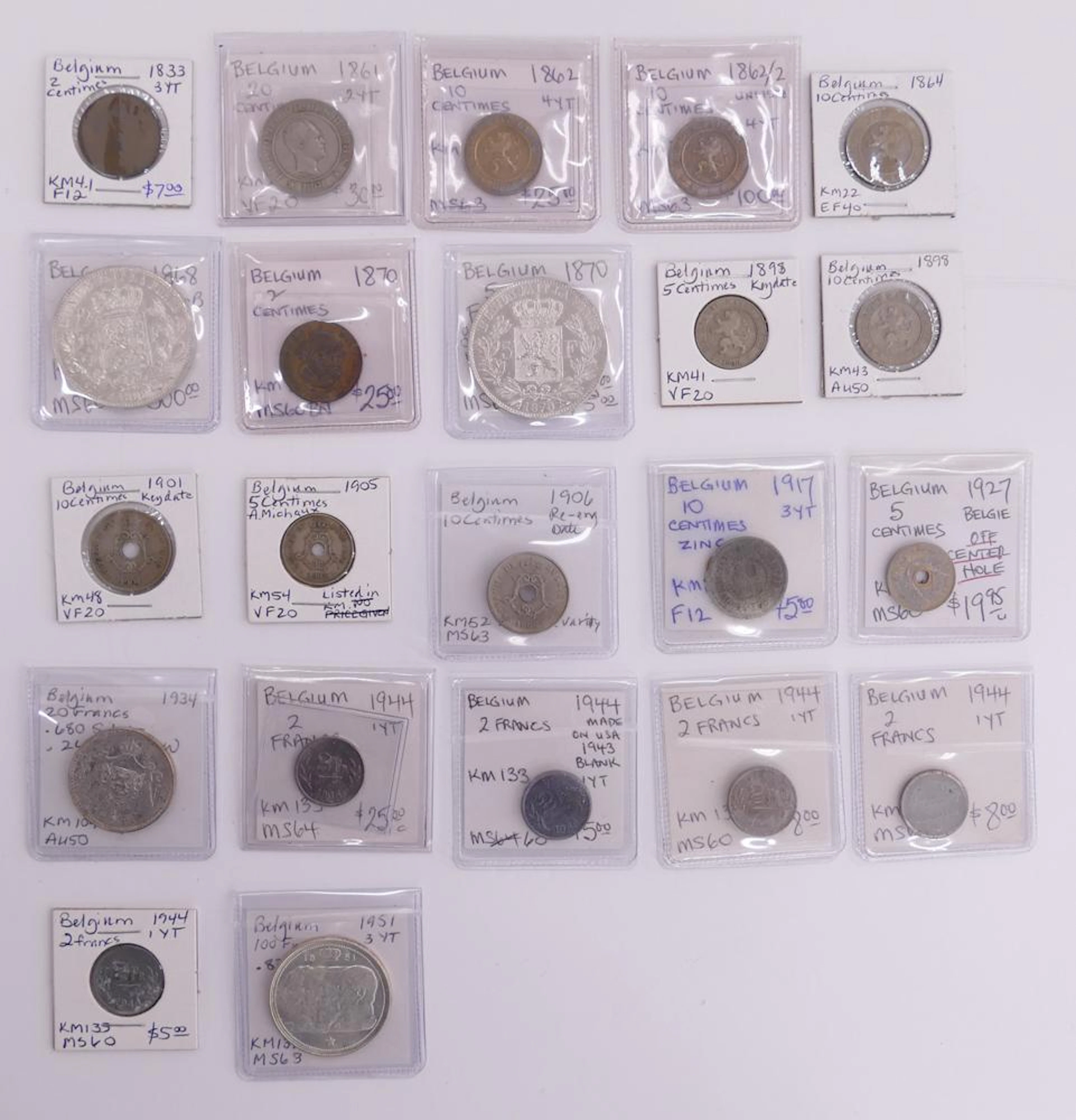 23pc Collection of Belgium Coins, dates ranging from
