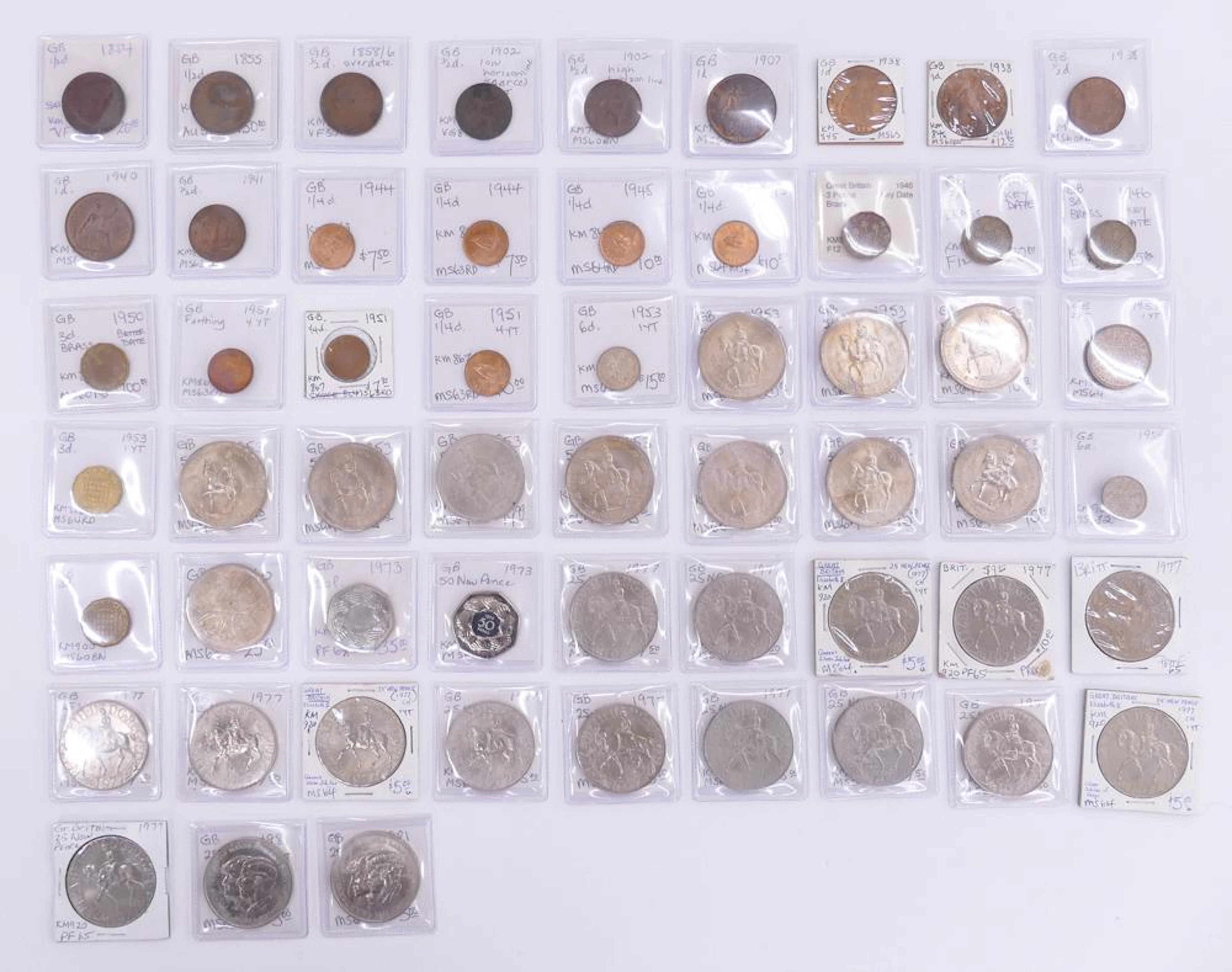 57pc Collection Great Britain Coins from 1854-1981