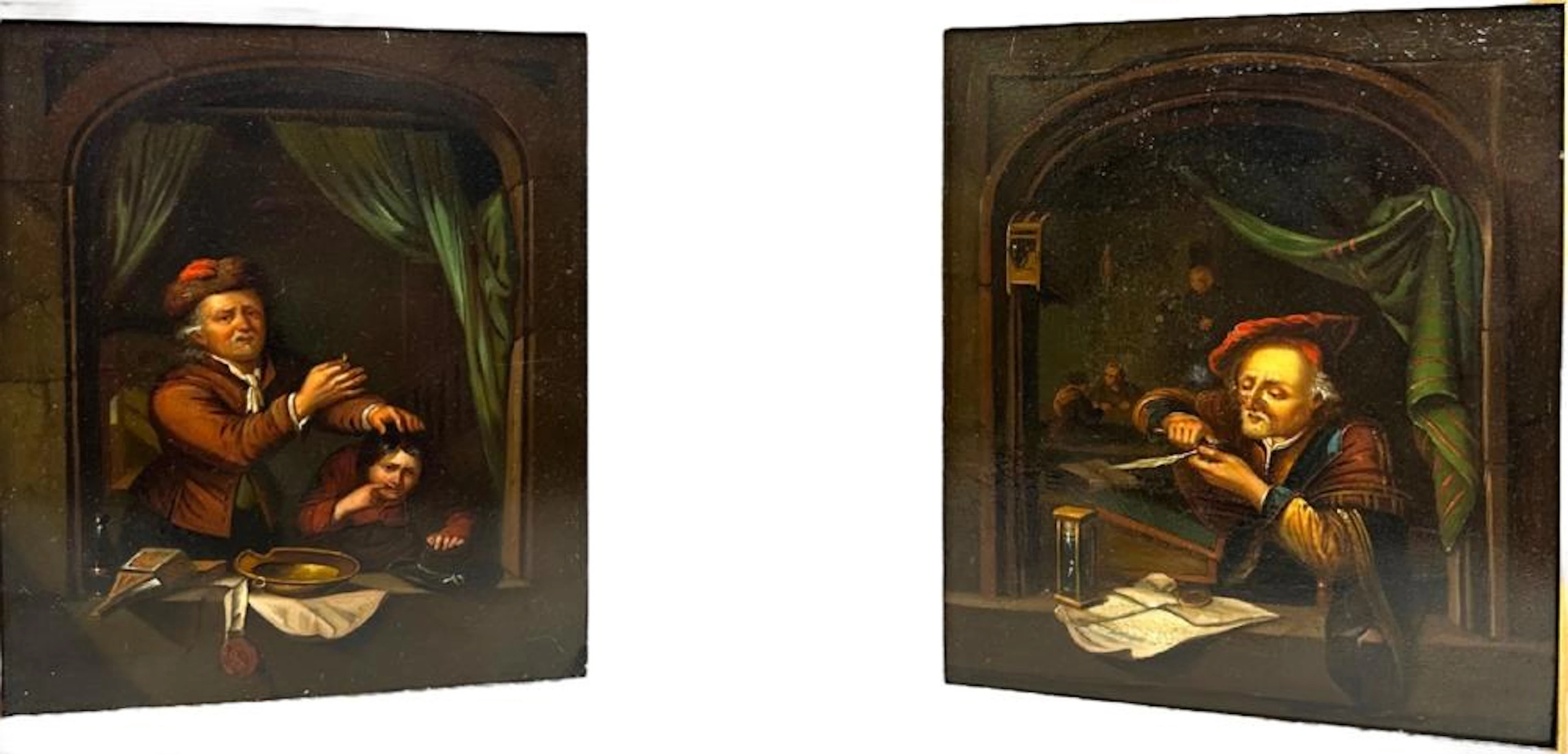 EARLY 19C PAINTING ON TIN OF "SCHOLAR" & "DENTIST"