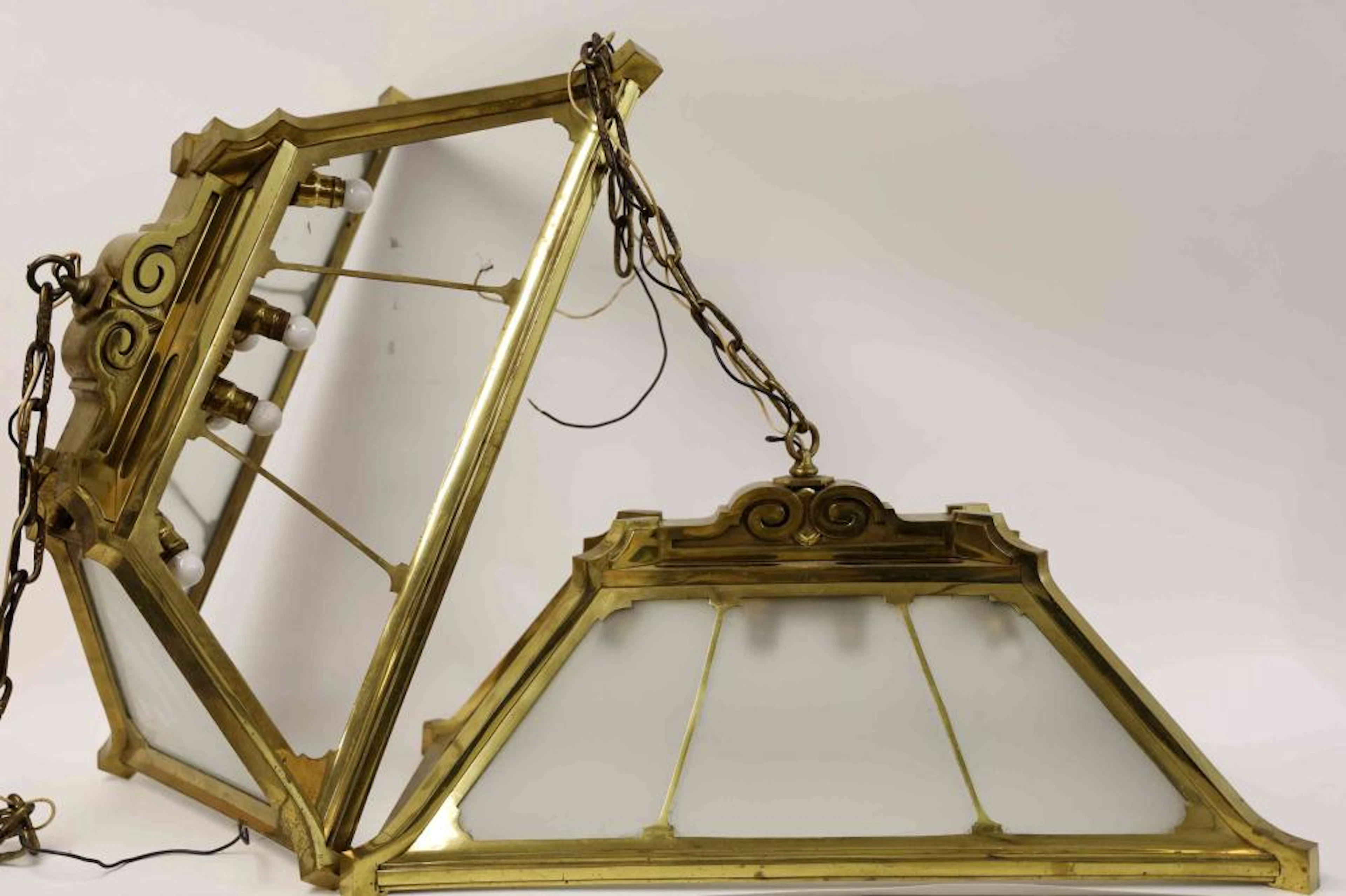 Pair Art Deco Brass Industrial Hanging Lights
