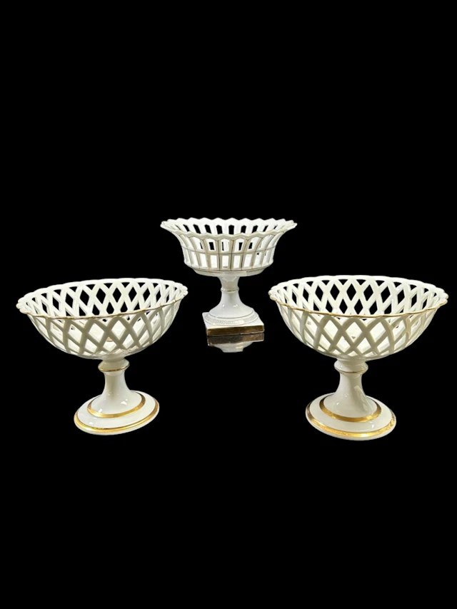 Vntg 3pc Reticulated Gold Gilt Porcelain Baskets
