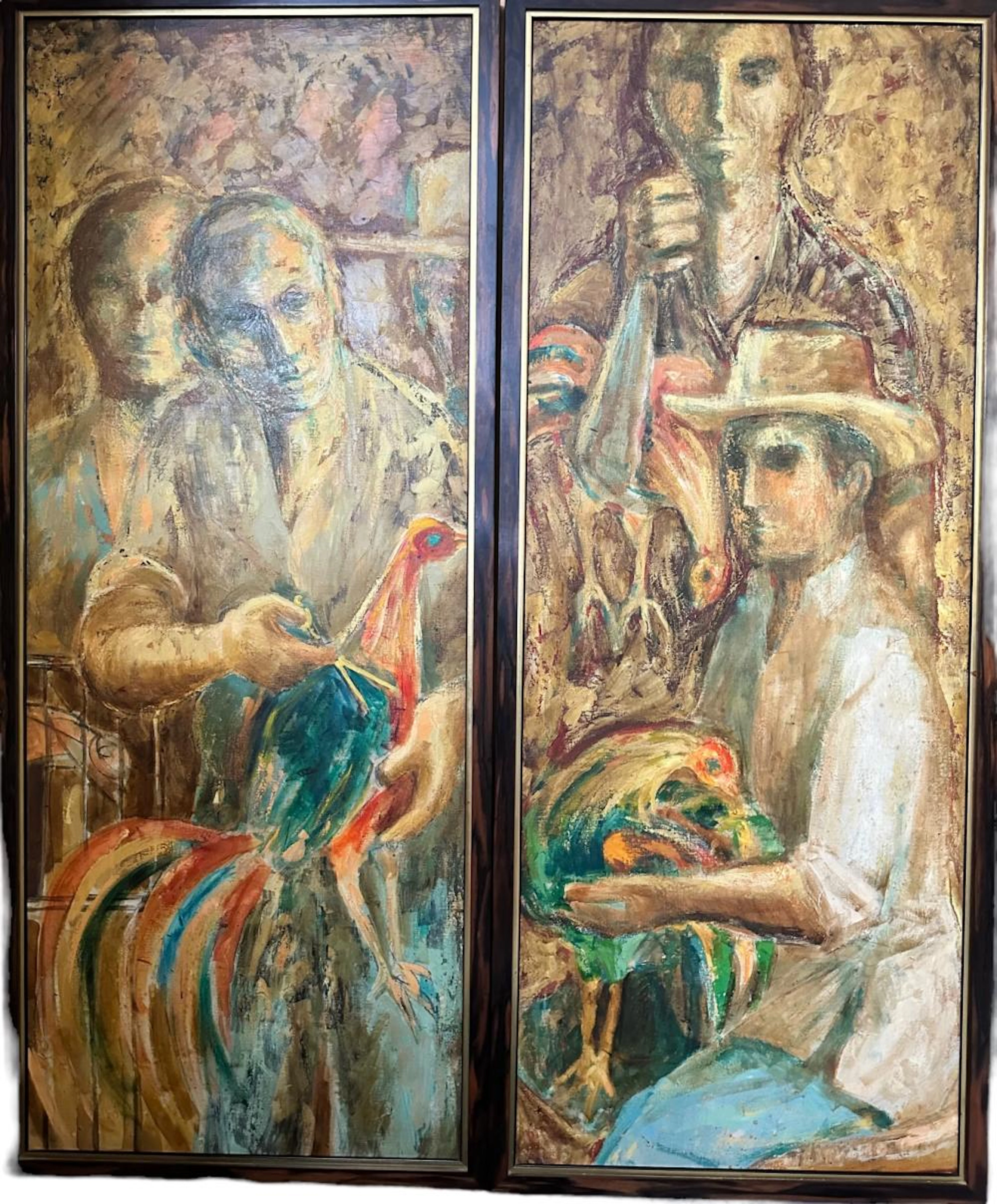 2pc Circa 1960's Cuban Expressionist Cock Fights