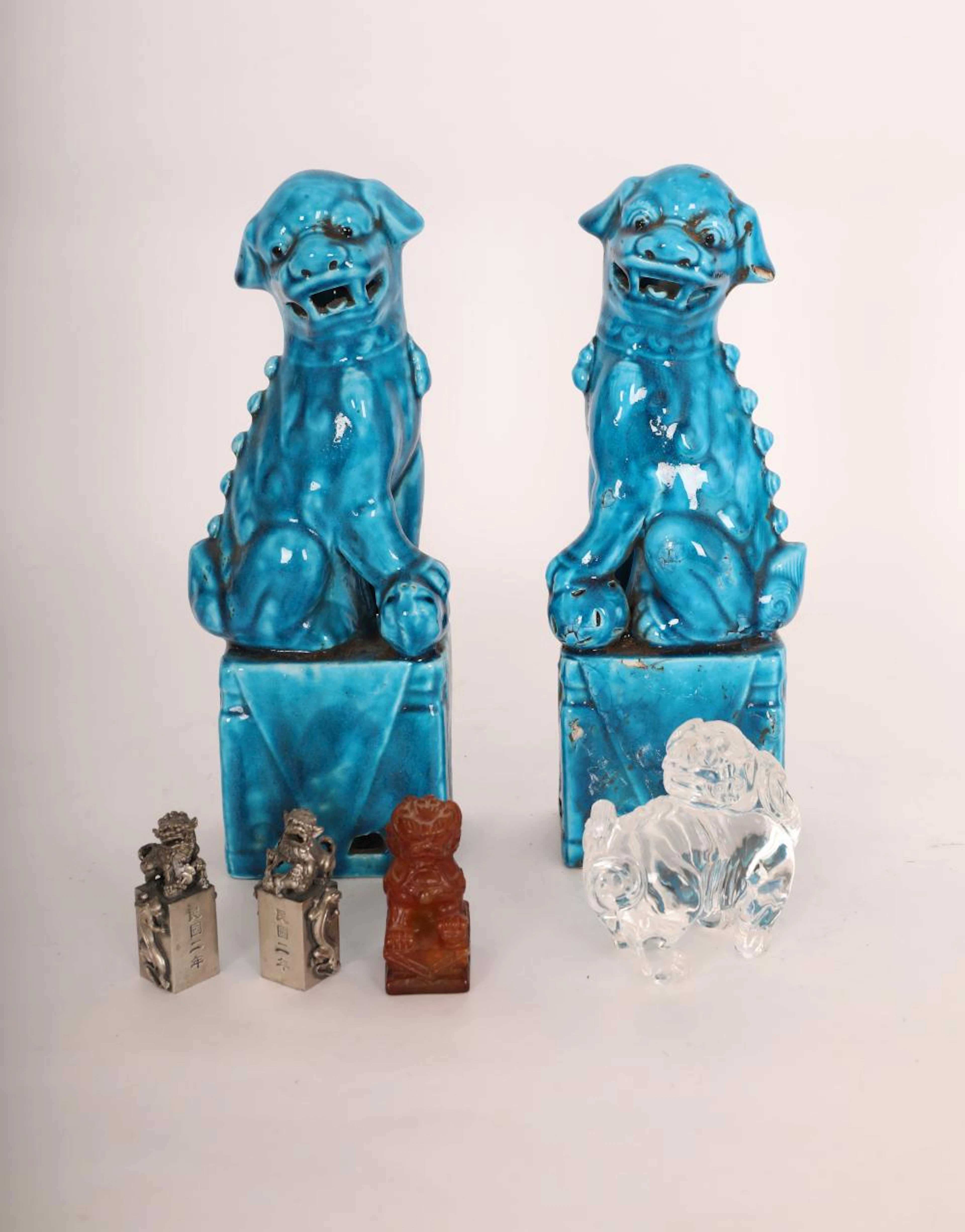 6 Pc Foo Dogs Glazed, Glass, Stone & Metal