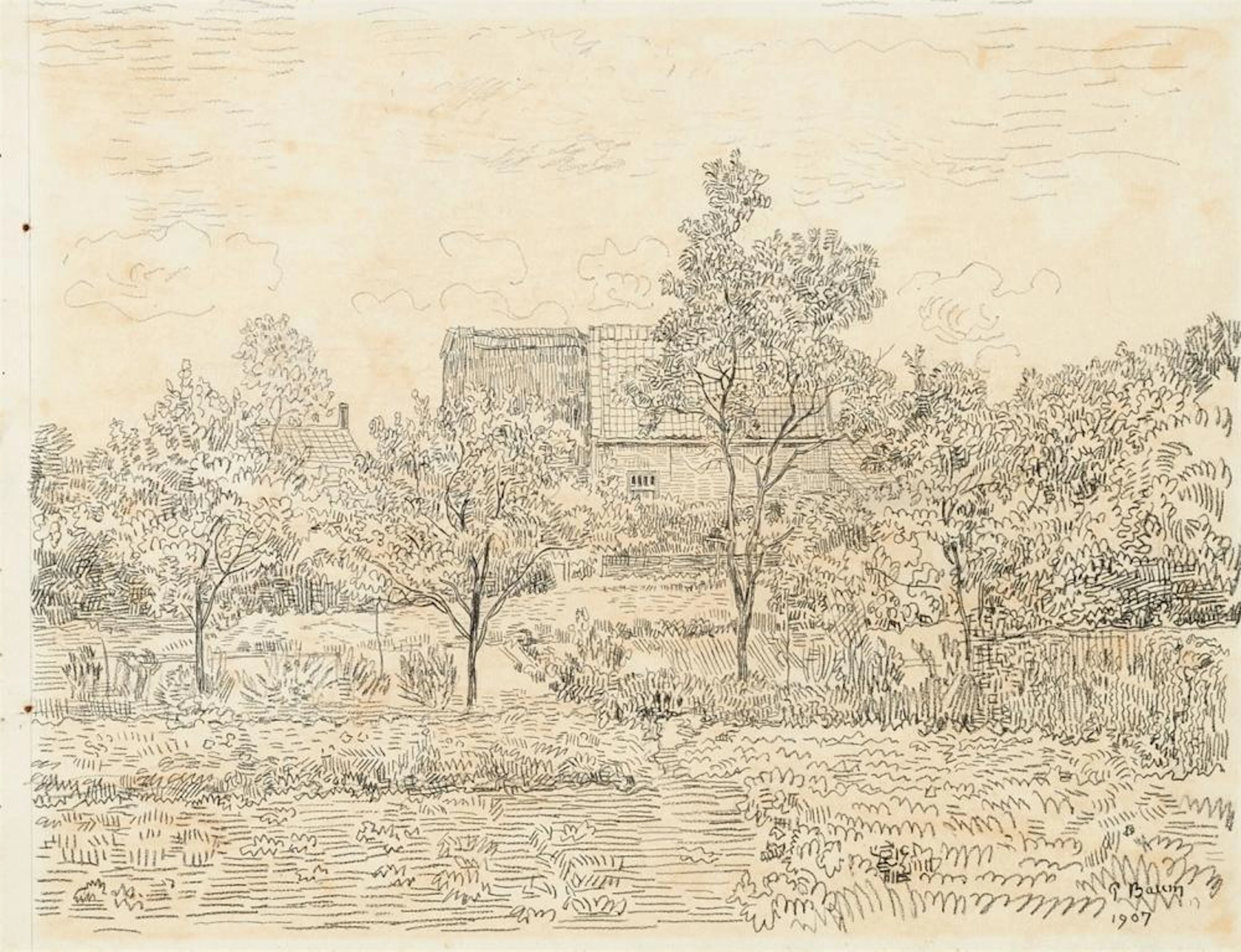 Paul Baum, Wiesen mit Gartenbäumen und Büschen vor Gehöften und Kirchturm in St. Anna, 1907