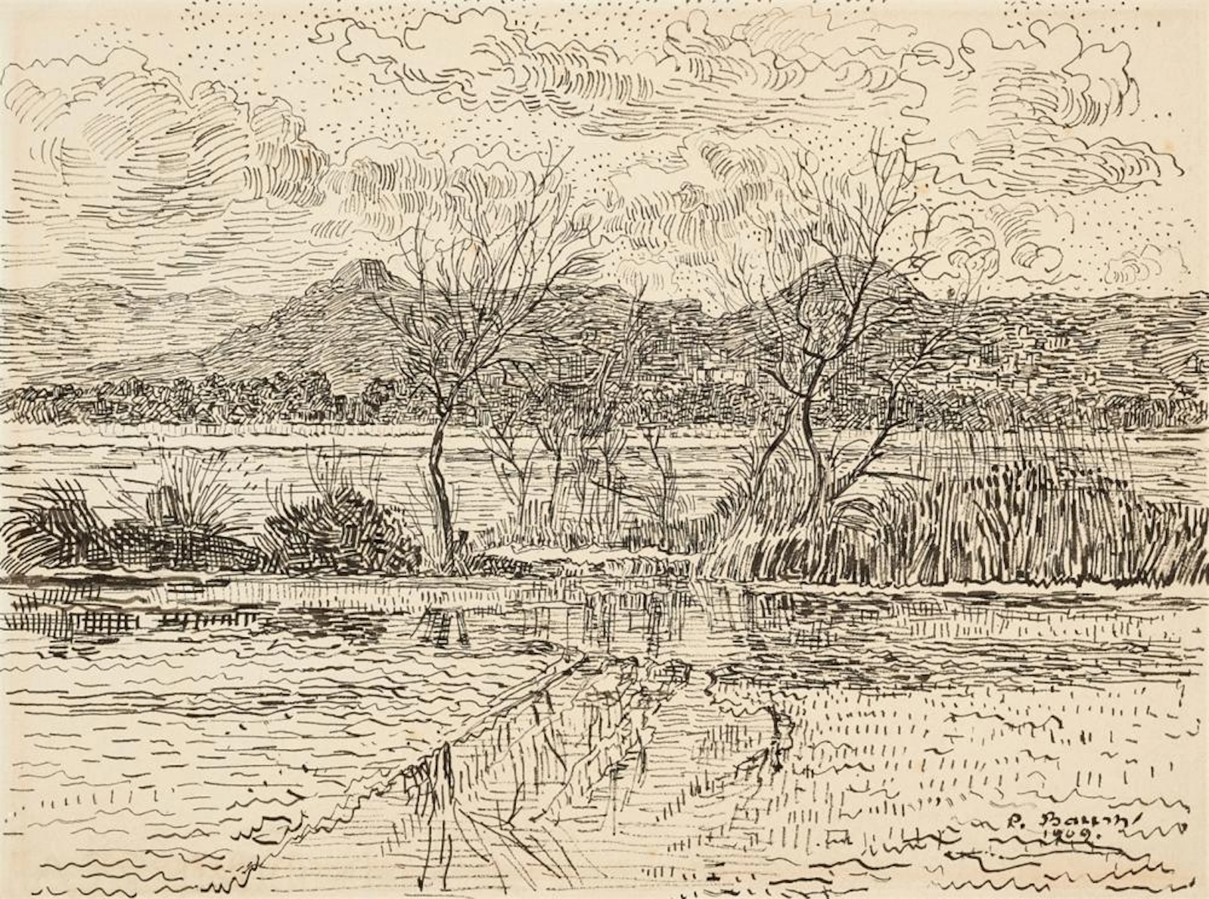 Paul Baum, Überschwemmte Wiesen vor Hyères mit Weidenbäumchen an Binsengestrüpp, 1909