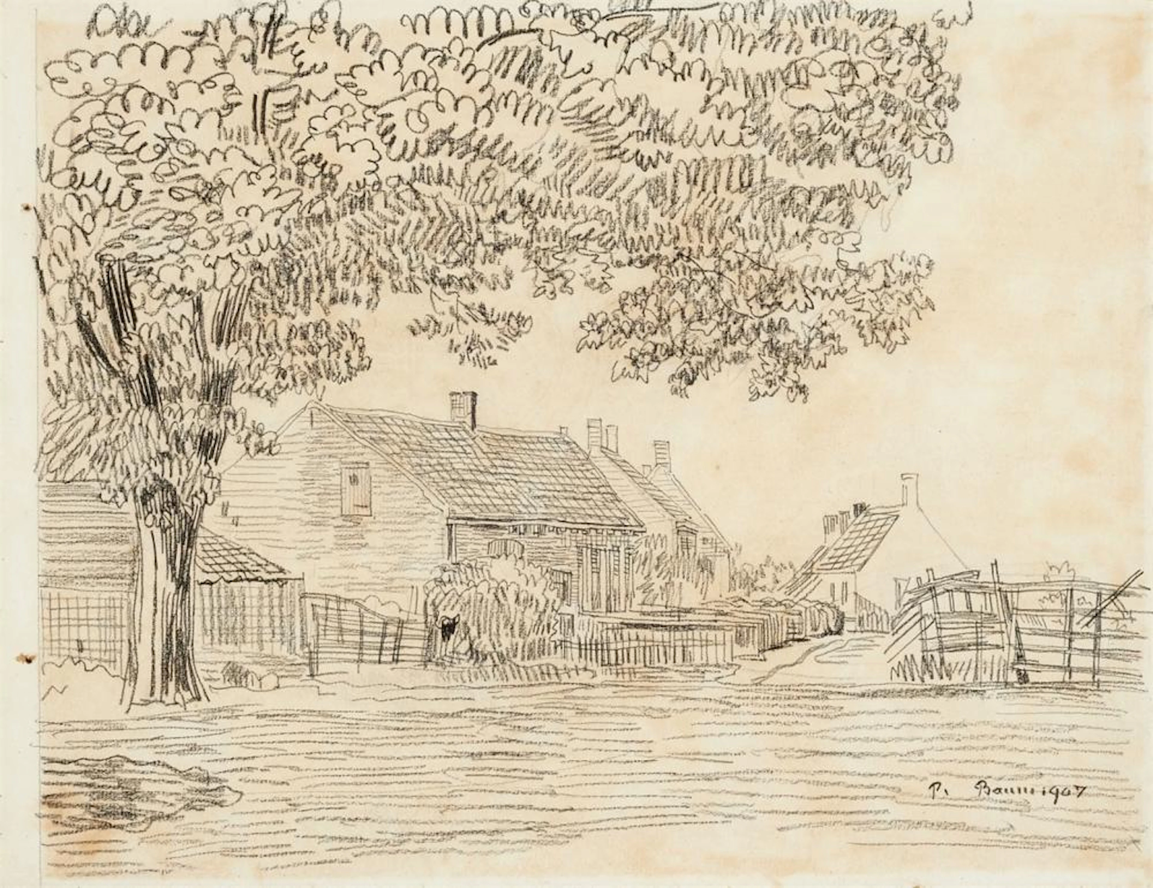 Paul Baum, Straße mit holländischen Dorfhäusern und einem mächtigen Baum. Dabei: Abzug der nach diesem Motiv geschaffenen Radierung, 1907