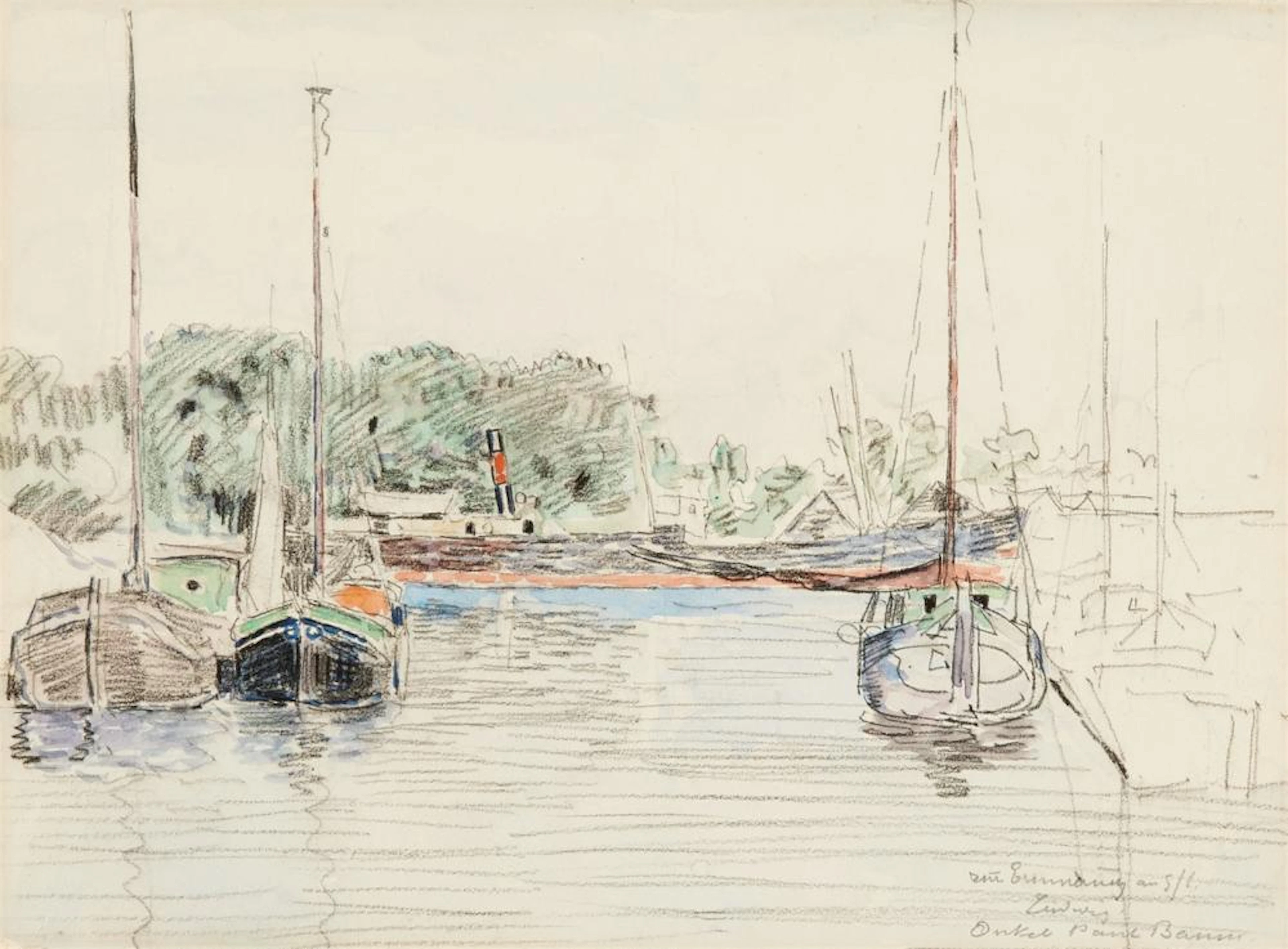 Paul Baum, Ankernde Segelboote vor Flußdampfer (in einem kleinen Hafen in Holland), Um 1894
