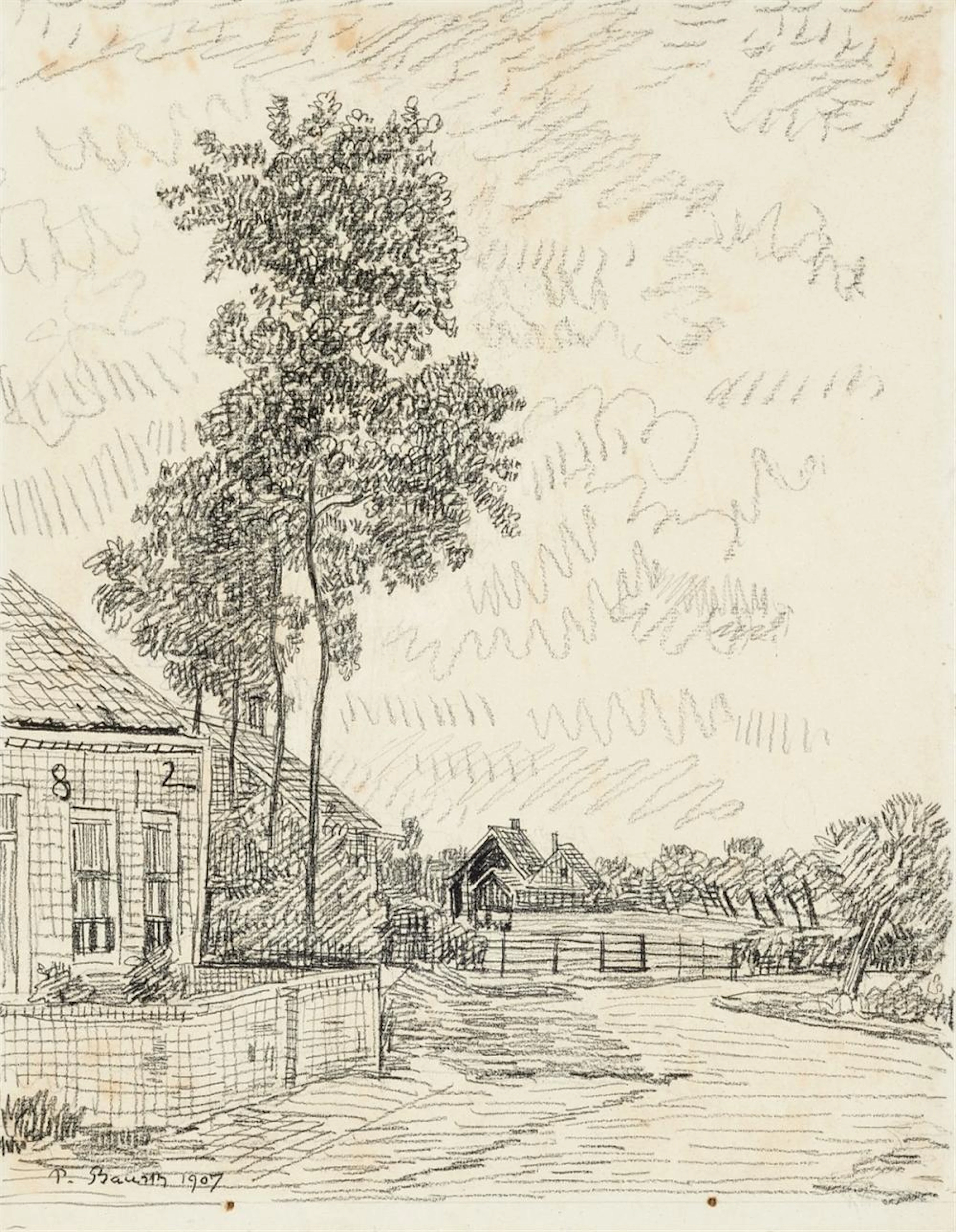 Paul Baum, Häuserfront mit hohen Bäumen, 1907