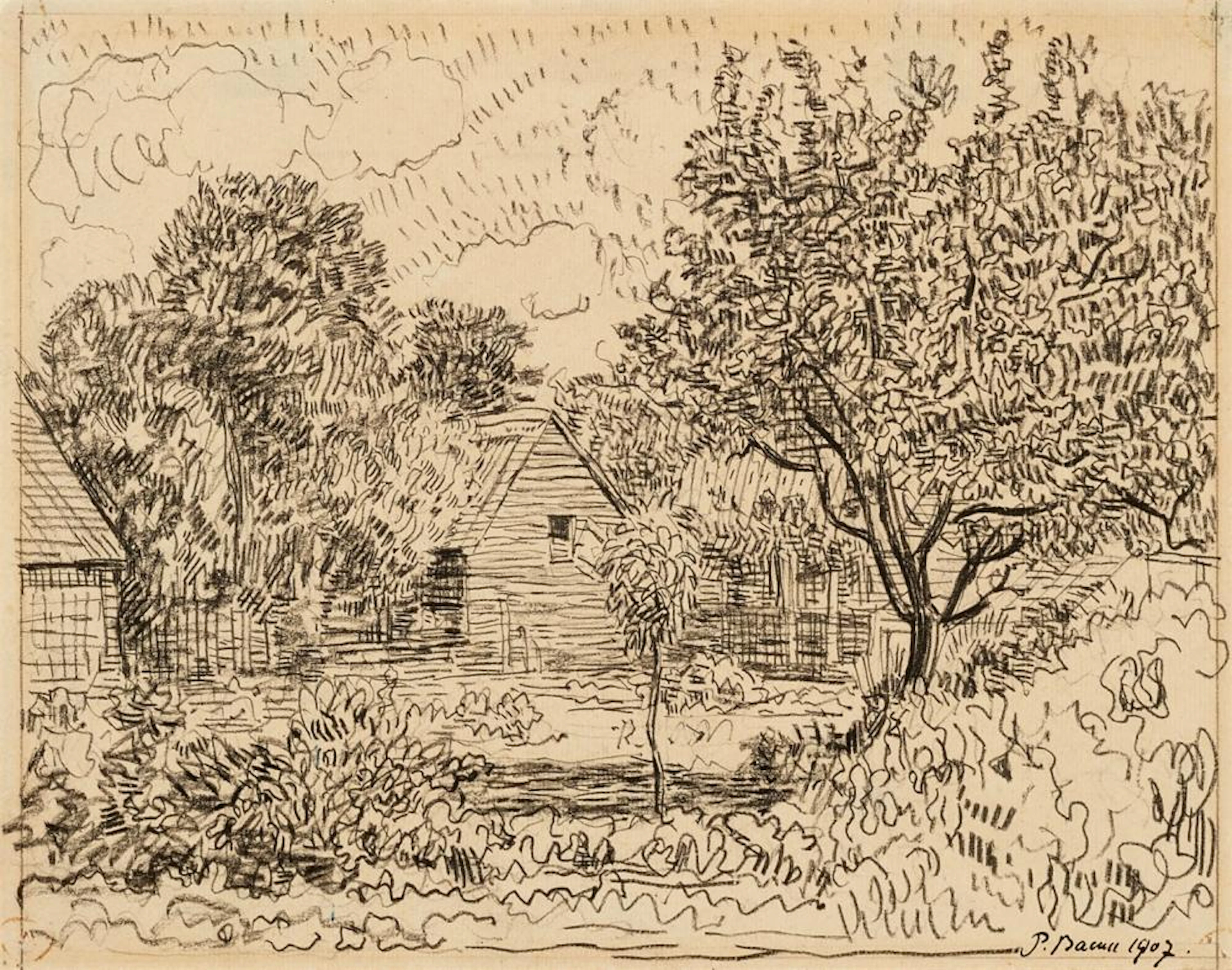 Paul Baum, Garten mit Obstbaum vor Bauernhäuschen unter Bäumen, 1907