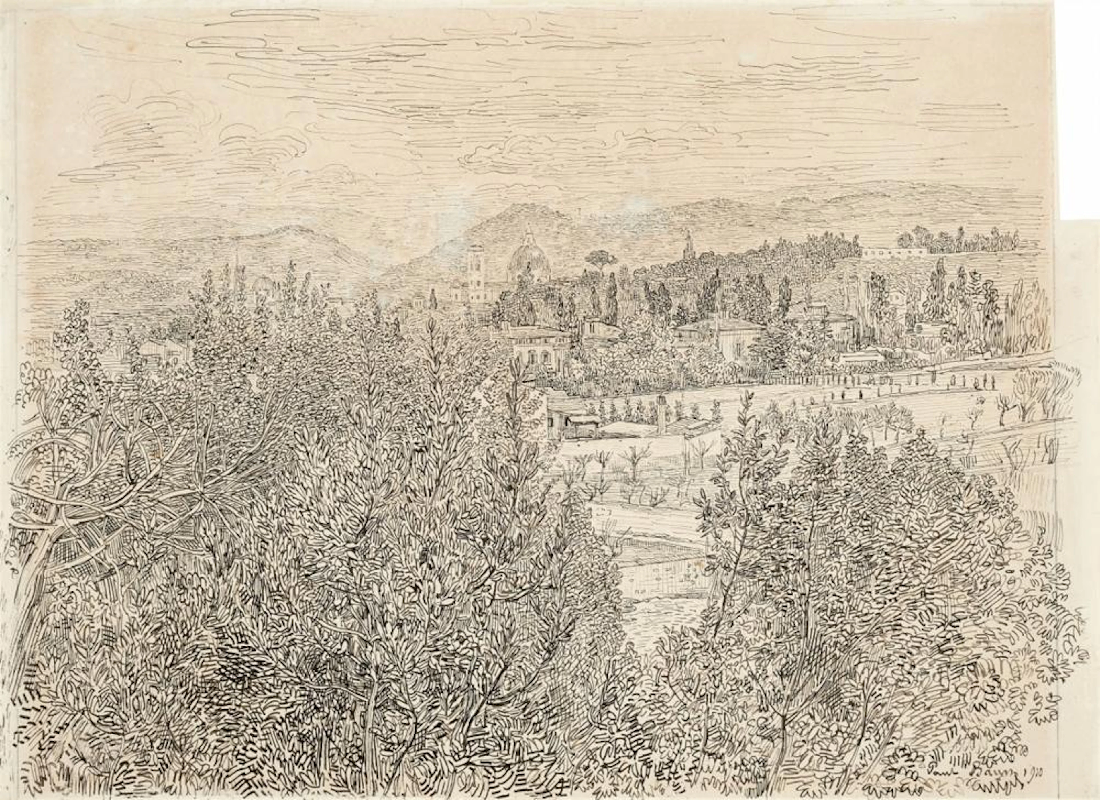 Paul Baum, Blick über dichtes Gebüsch auf Florenz mit Domkuppel und Campanile, 1910