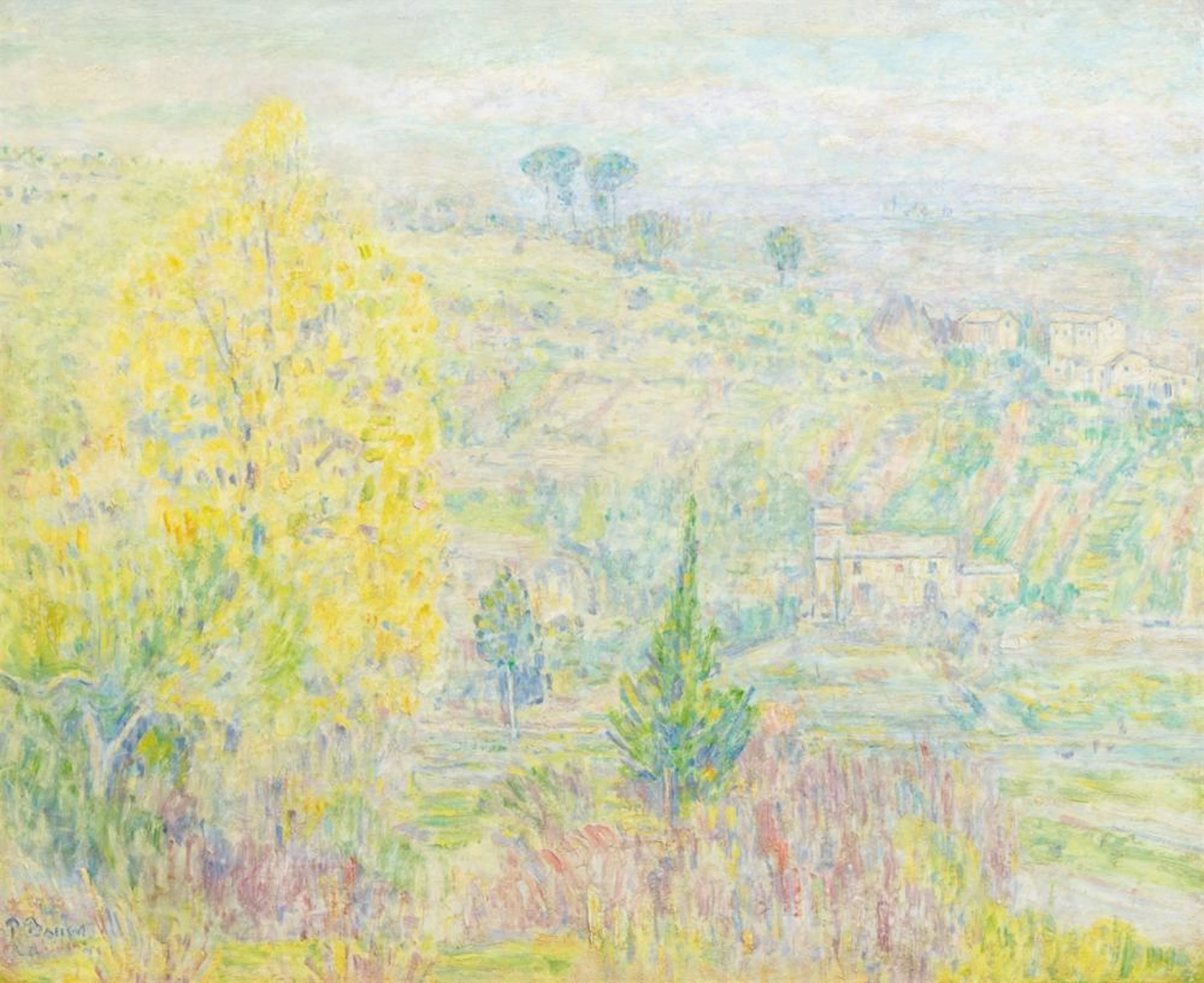 Paul Baum, Goldgelb-herbstlicher Baum in toskanischer Landschaft, rückseitig: Bauern bei der Kornernte (Dachau), Um 1929 bzw. um 1888