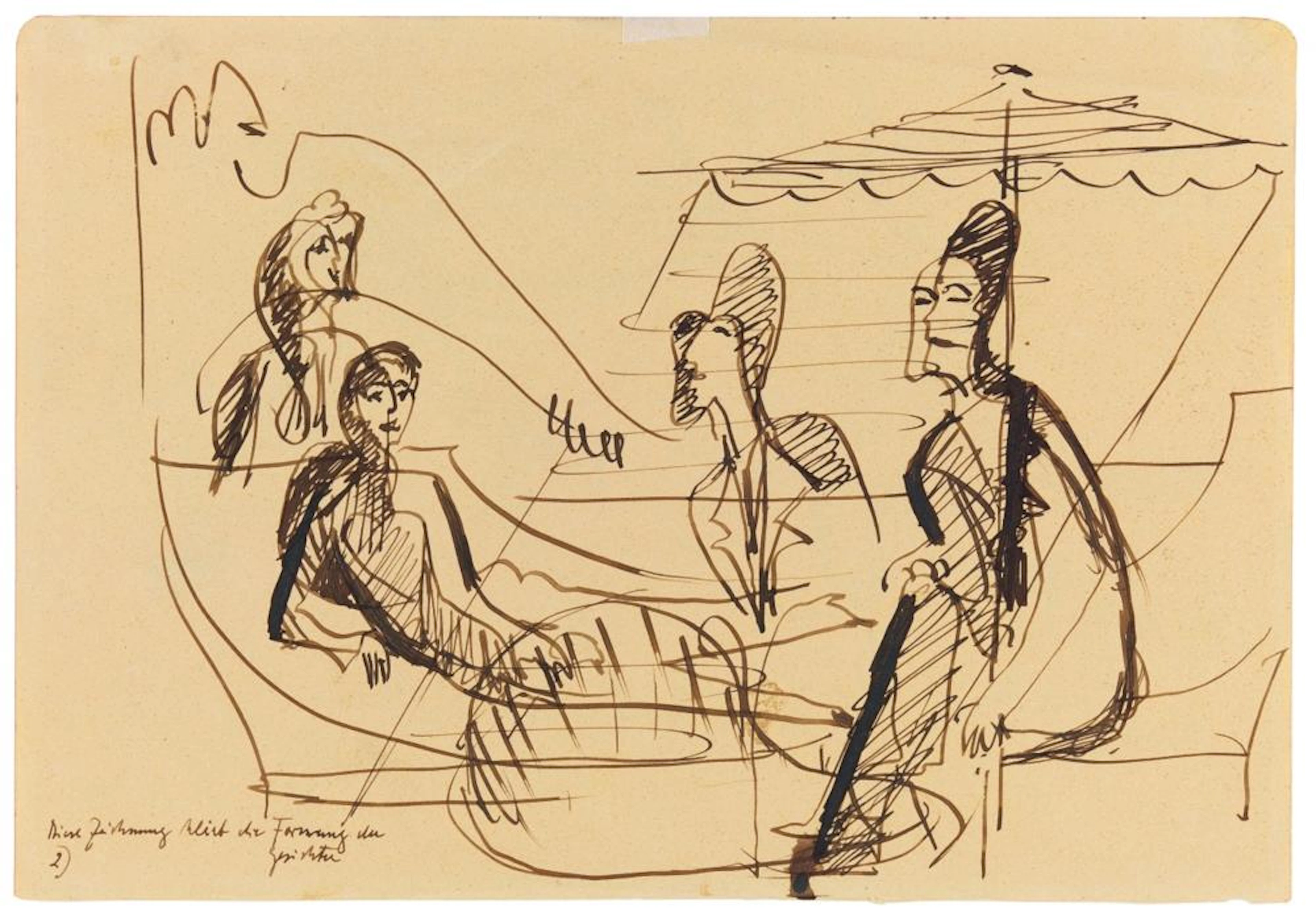 Ernst Ludwig Kirchner, Mann und Frau im Gespräch unter einem Sonnenschirm (Balkonszene). Verso: Variation derselben Szene, Circa 1935