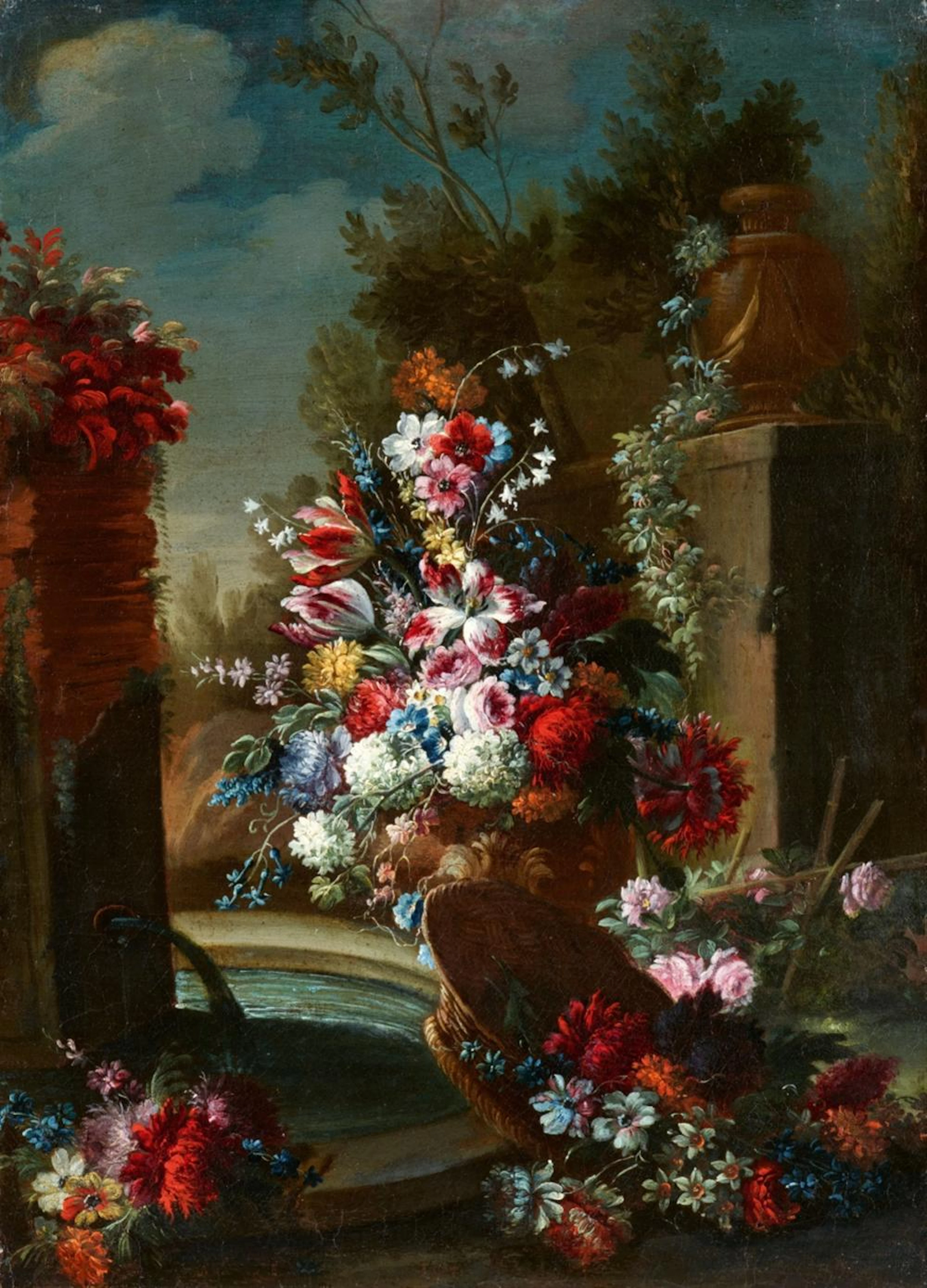 Gasparo Lopez, Two Flower Still Lifes in Landscapes