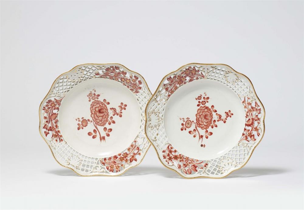 Two Meissen porcelain dessert plates from the dinner service with the iron red mosaic border