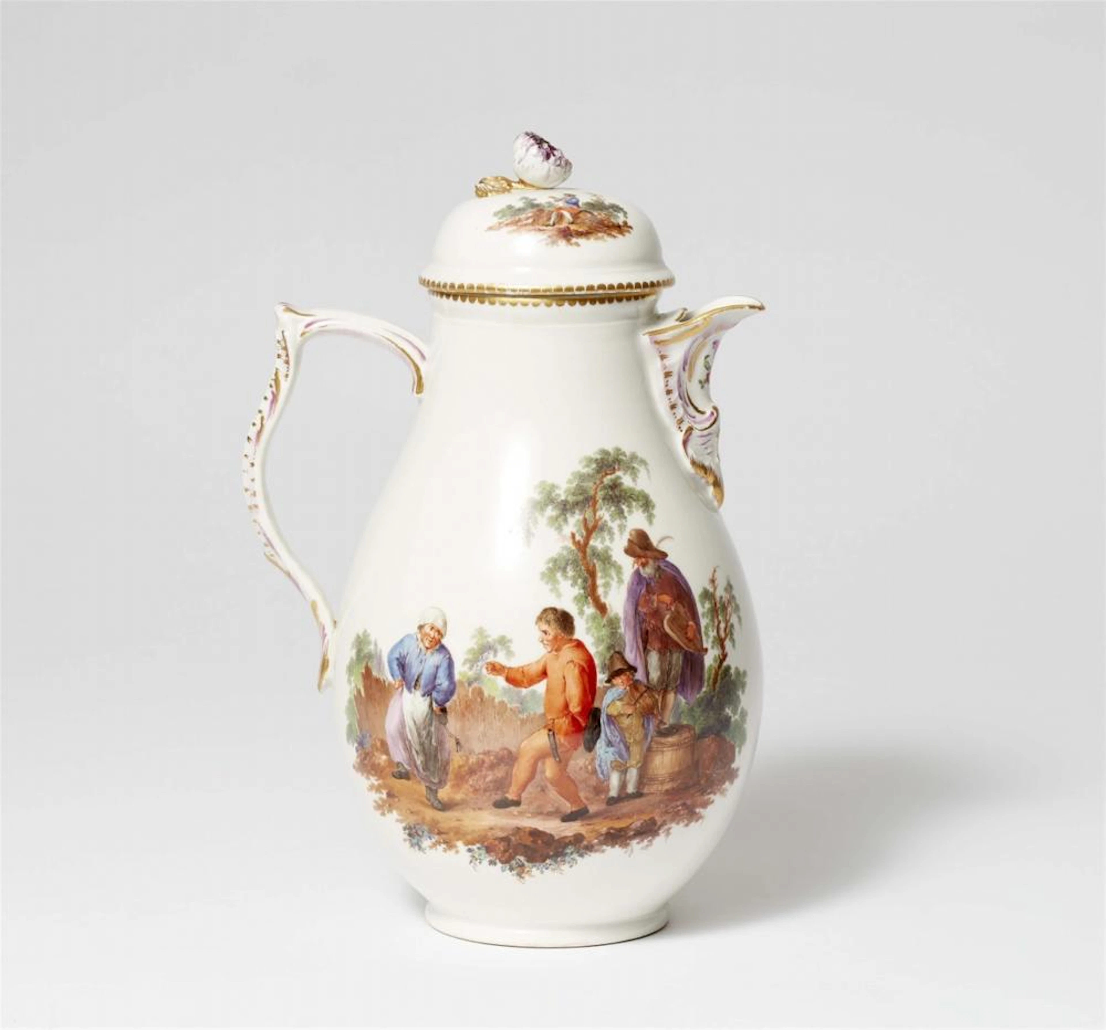 A Berlin KPM porcelain coffee pot with genre scenes