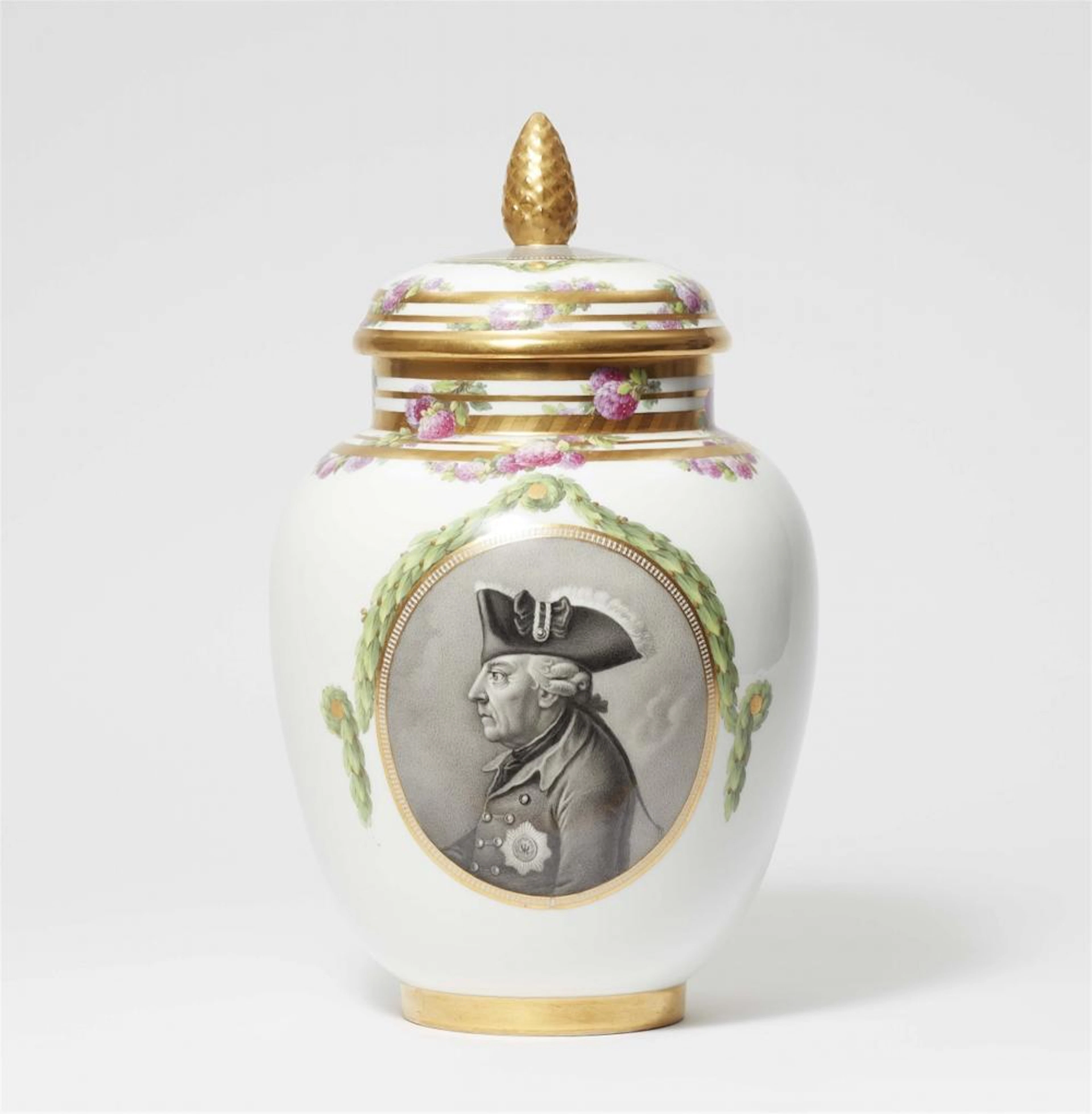 A Berlin KPM porcelain “apothekenbüchse” pot-pourri vase with a portrait of Friedrich II