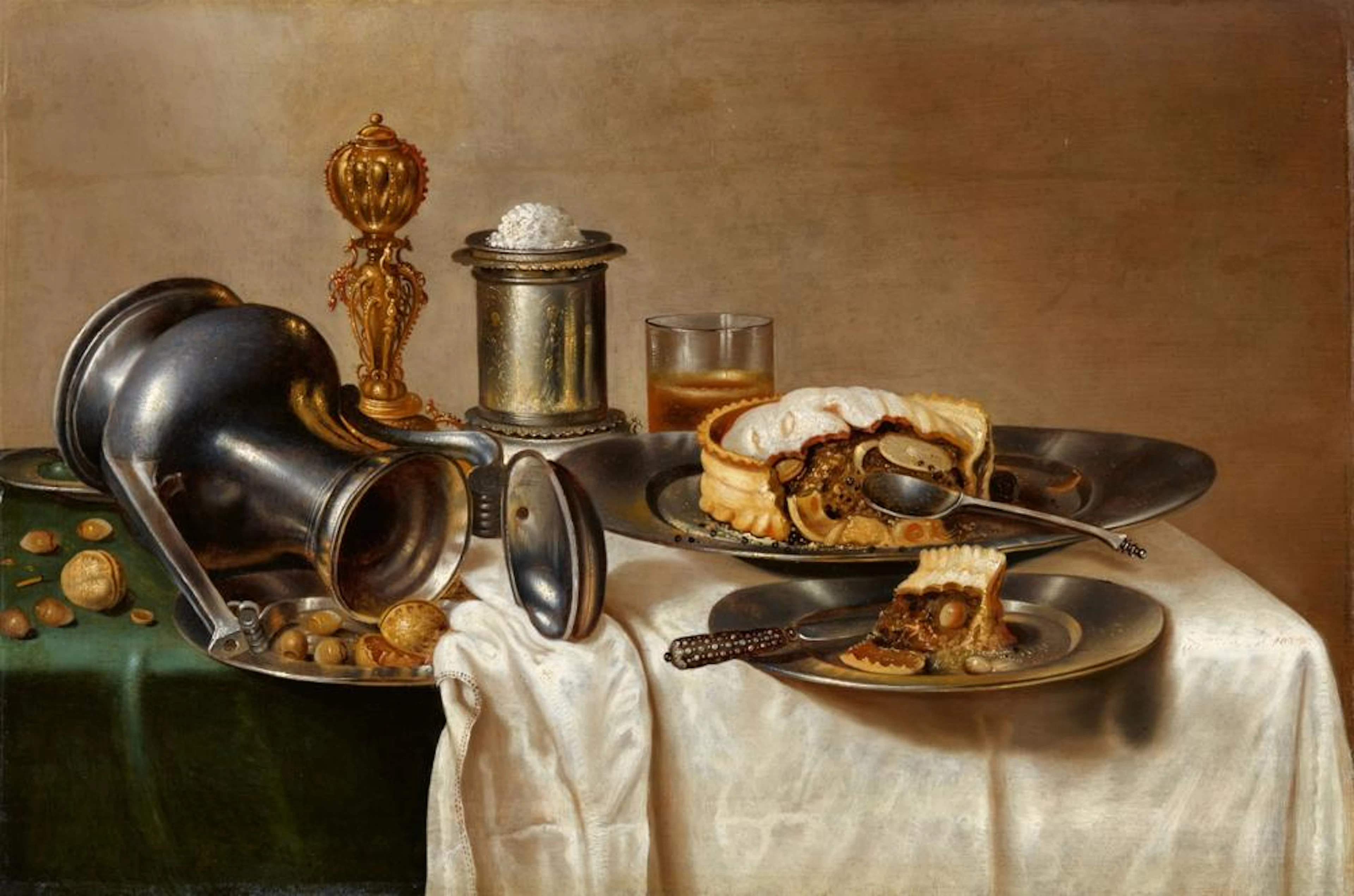 Cornelis Mahu, Still Life with a Pastry, Nuts, a Salt Dish, Pewter Plates, and a Pitcher