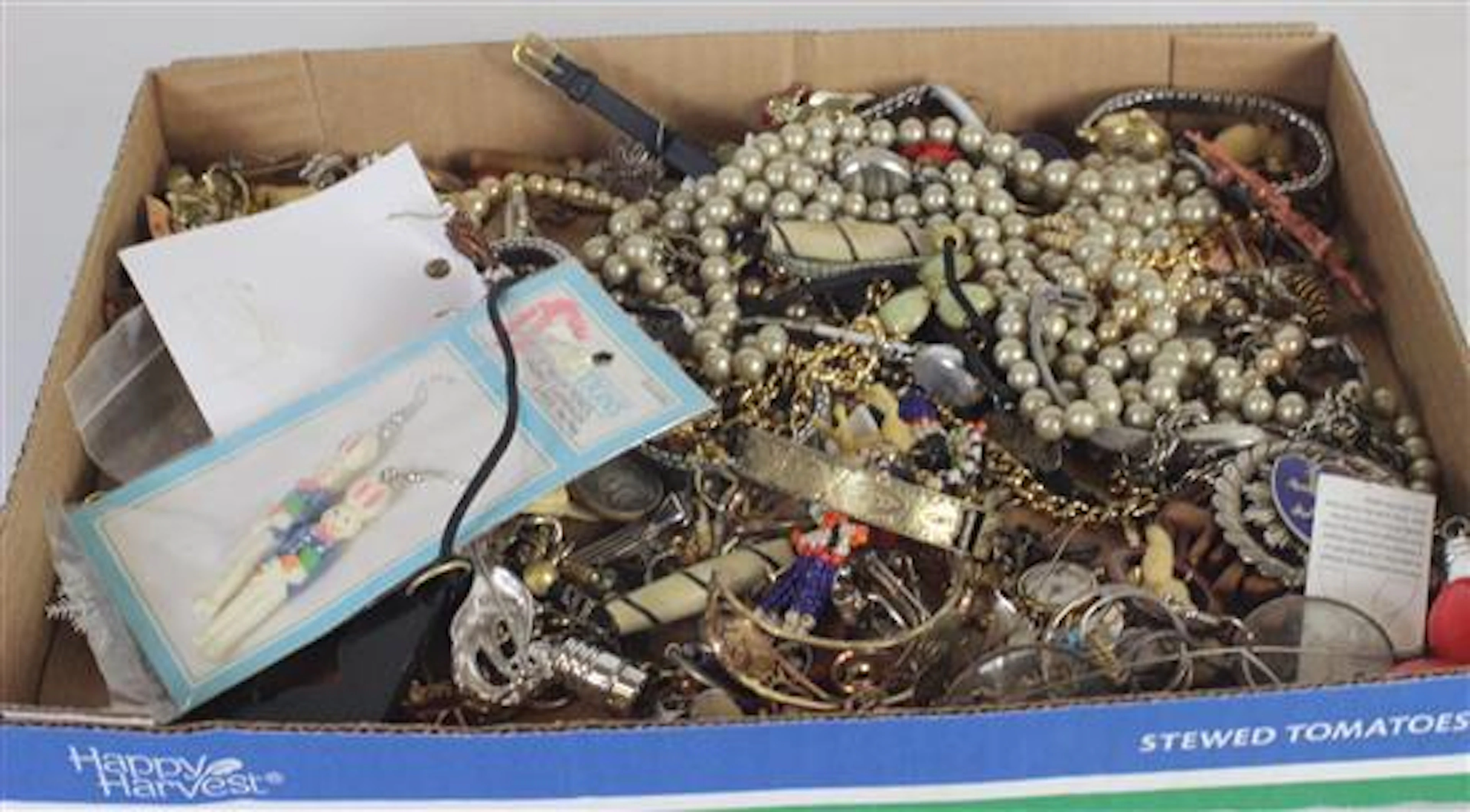 BOX LOT JEWELRY INCLUDING: ASSORTED COSTUME JEWELRY, SILVER TONE WATCHES INCLUDING COLLEZIO AND CARAVELLE, AND THREE PAIR STERLING S...