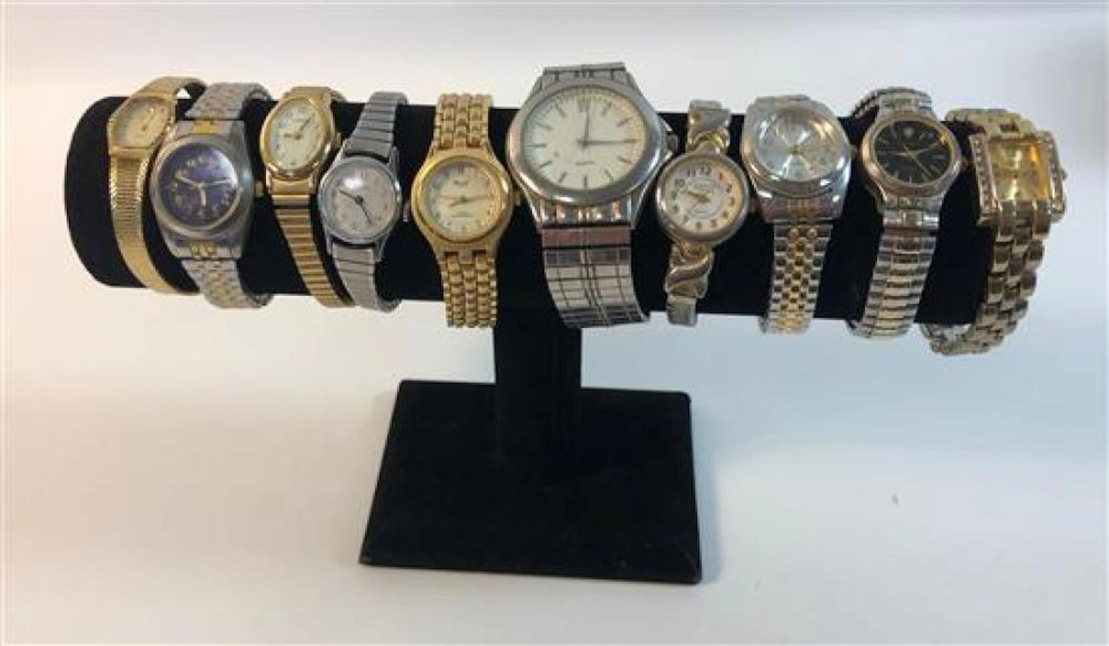 BOX LOT WRIST WATCHES ~ TEN WATCHES W/ METAL BANDS, STYLES FROM VICTORIA RHEIN, TIMEX, ADOLFO & SERGIO VALENTE