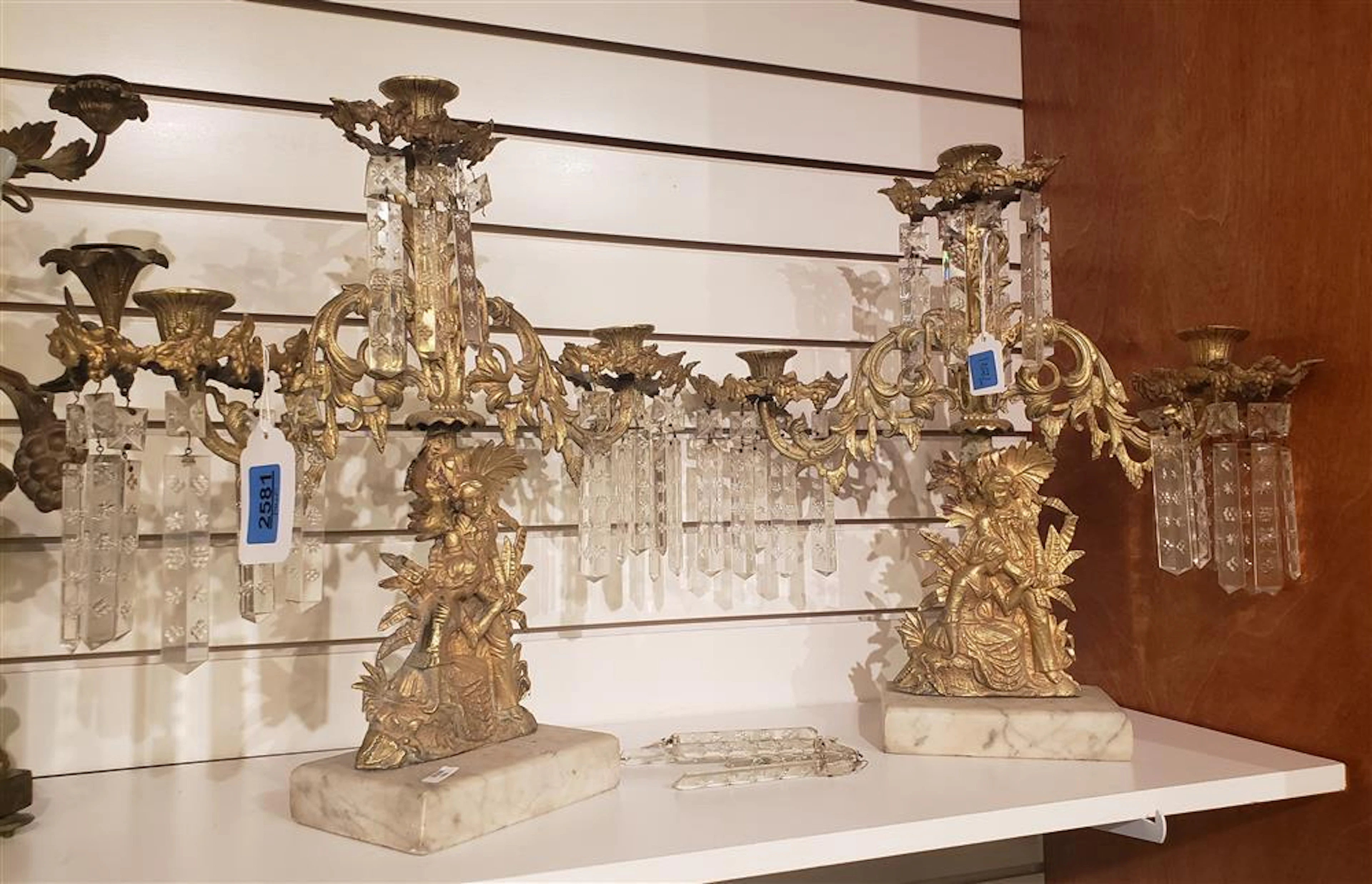 PAIR OF SPELTER 3 LIGHT CANDELABRAS WITH MARBLE BASES 17" H, COLONIAL FIGURES; SOME PRISMS MISSING, SOME PRISMS DAMAGED