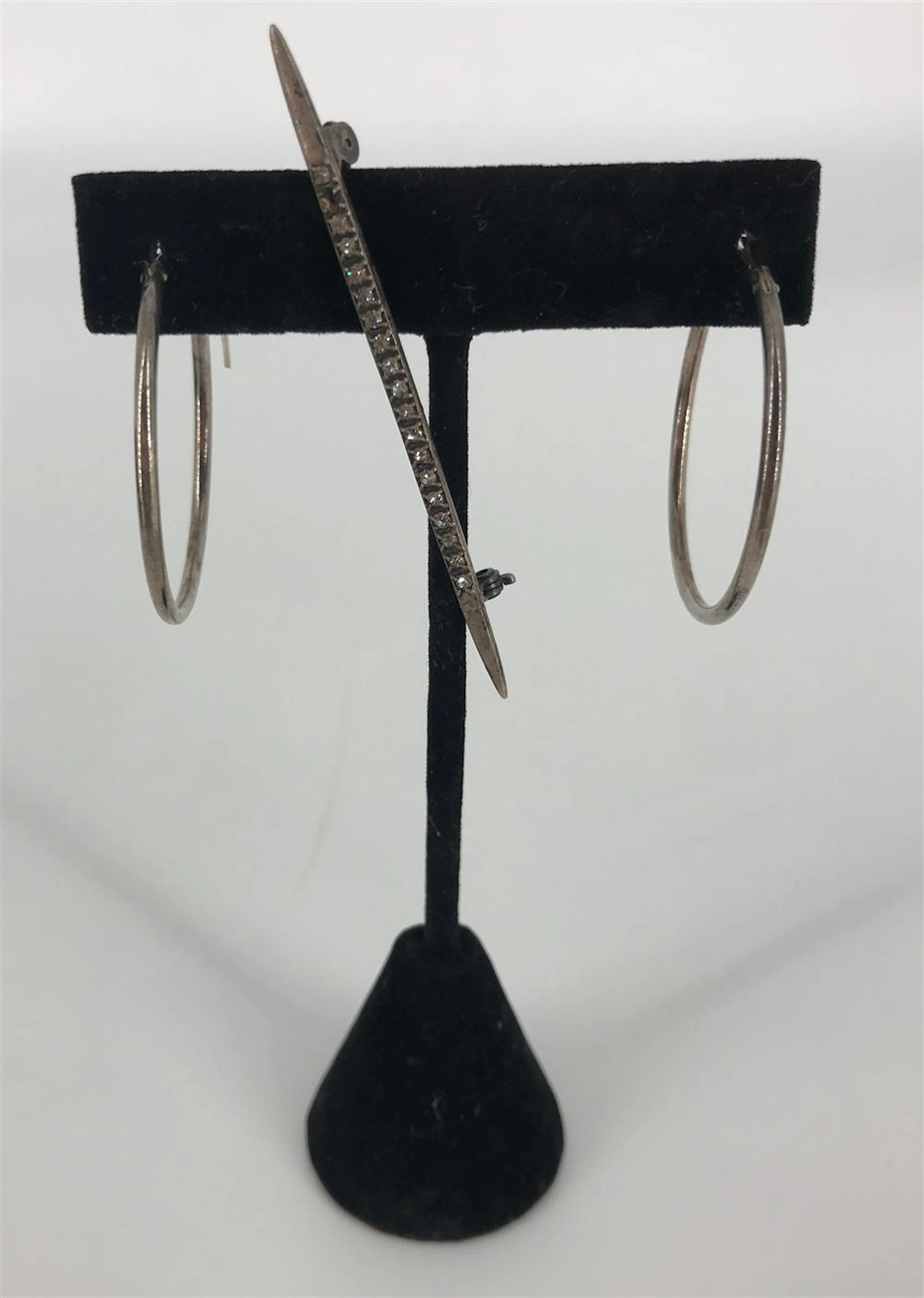 STERLING SILVER HOOP EARRINGS & DIAMOND BAR PIN~ APPROX. 1.625" DIAMETER, HIGH POLISH FINISH W/ CONTINUOUS CLOSURE (0.09 TROY OZ TW)...
