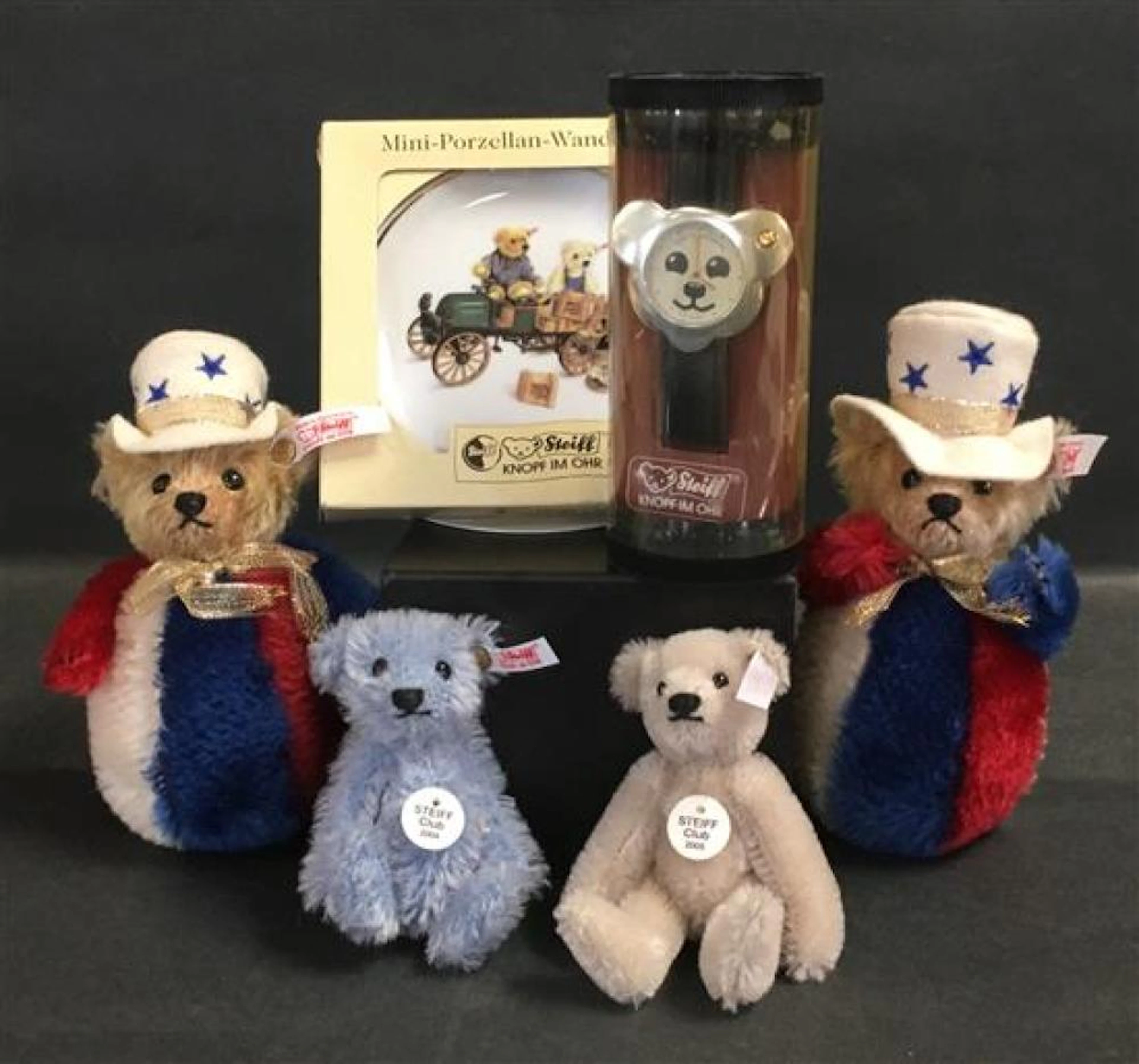 (6) STEIFF ITEMS - (2) 6" MOHAIR ROLLY POLLY STARS & STRIPES BEARS, (2) 4" MOHAIR CLUB BEARS (2004, 2005) IN ORIGINAL BOXES WITH COA...
