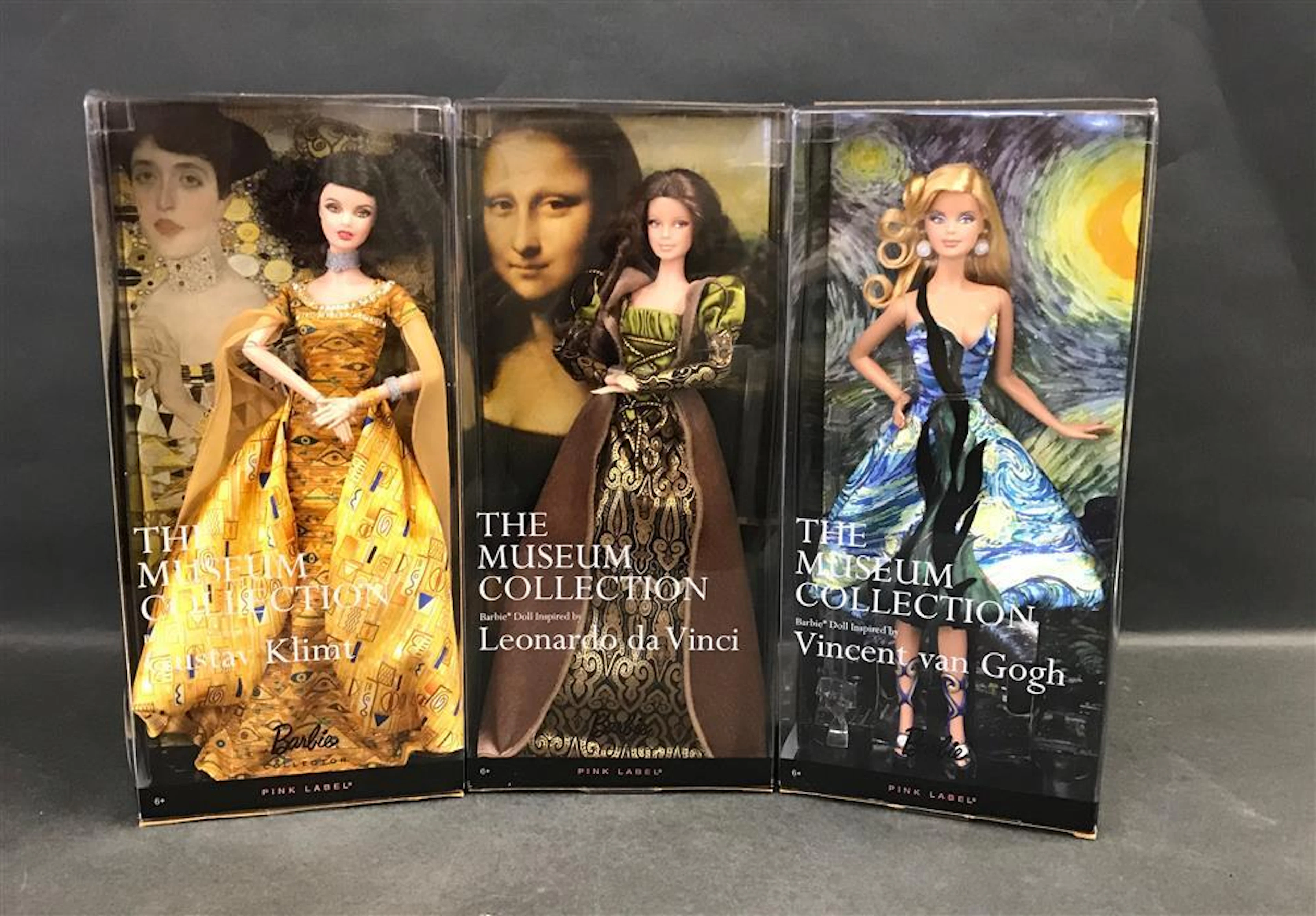 (3) NRFB THE MUSEUM COLLECTION BARBIE - VINCENT VAN GOGH "THE STARRY NIGHT", LEONARDO DA VINCI "MONA LISA" AND GUSTAV KLIMT "ADELE B...