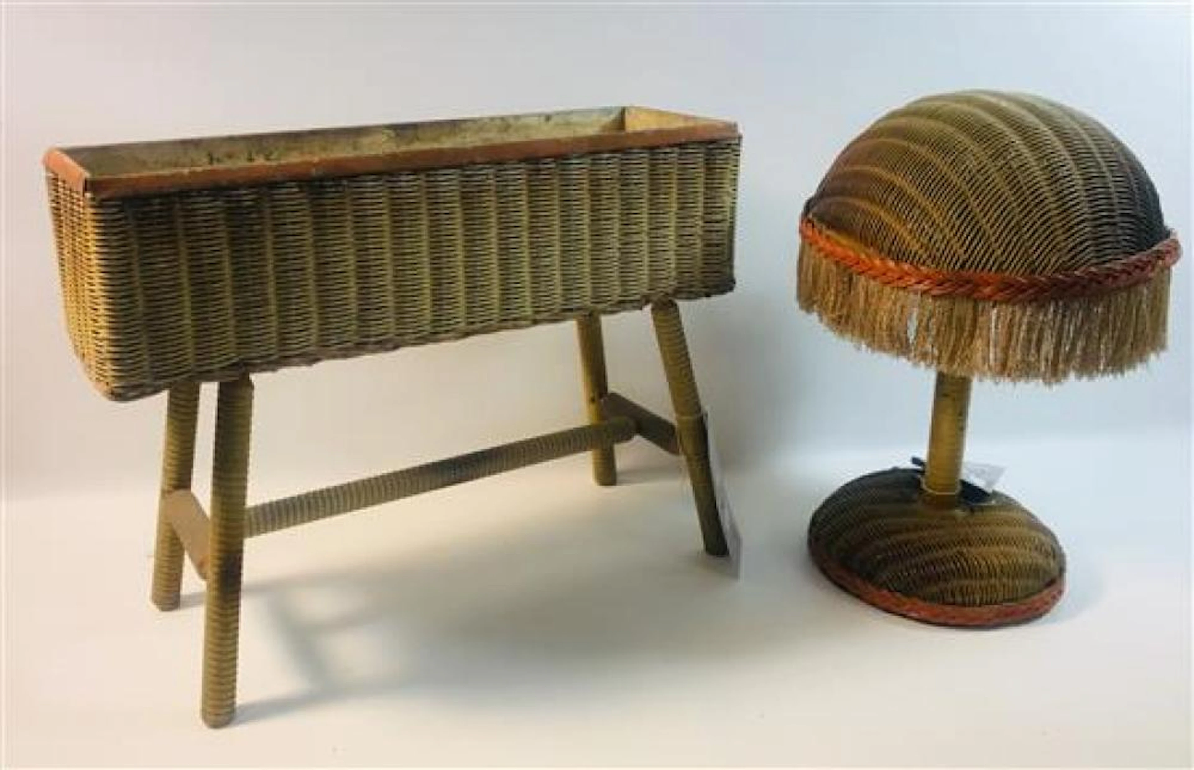 2 PIECES CHILD-SIZE WICKER FURNITURE INCLUDING TABLE LAMP, 15"H AND PLANTER, 18"x 6"x 14"