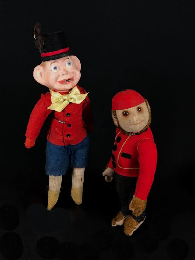 (2) ANTIQUE CHARACTER PLAYTHINGS. 12" BROWNIE IN ORIGINAL COSTUME WITH PAPIER MÂCHÉ/COMPOSITION HEAD, FELT HAT, JACKET, PANTS AND S...