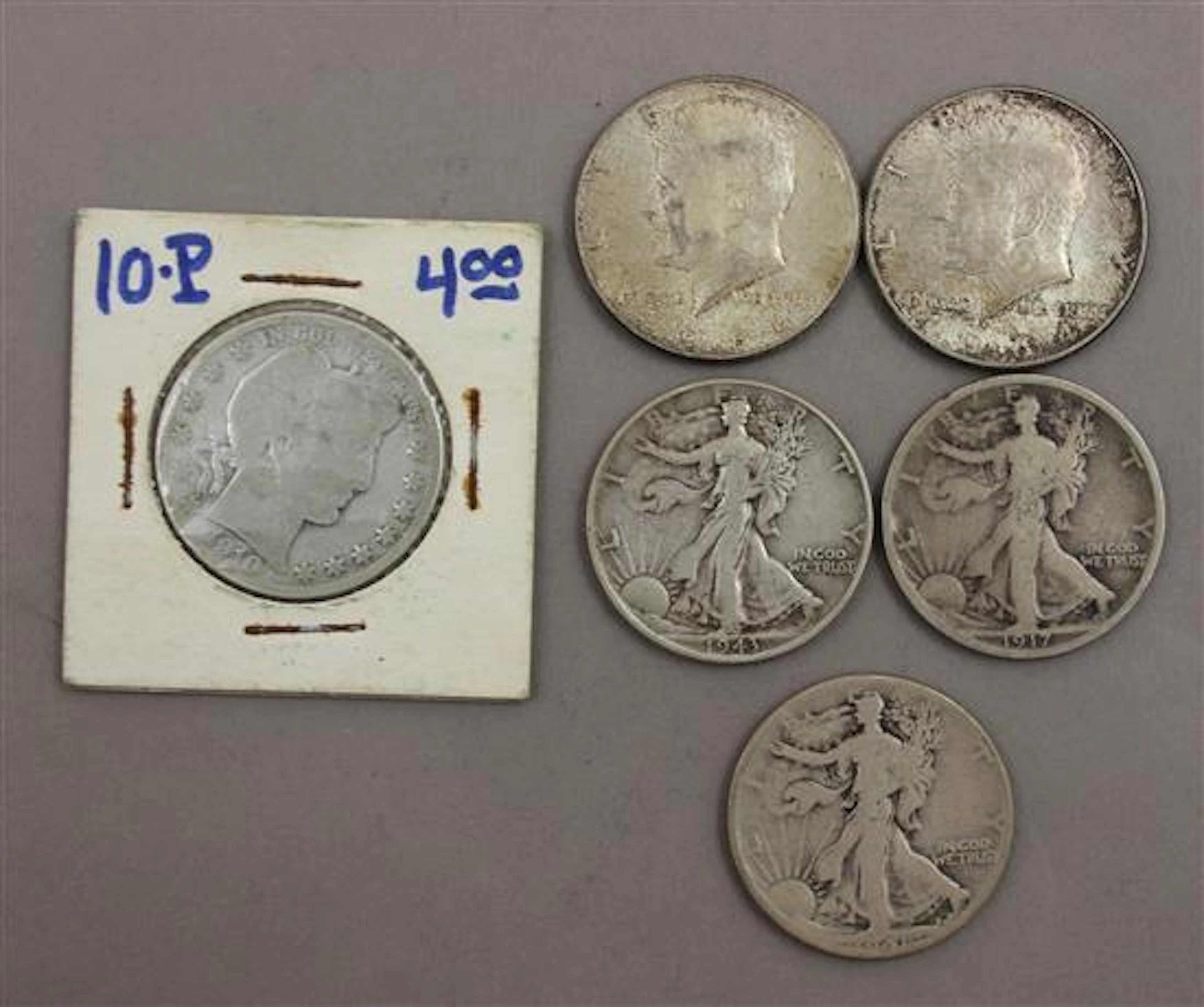 †6 U.S. SILVER HALF DOLLARS INCLUDING ONE BARBER, 3 WALKING LIBERTY AND 2 KENNEDY *TAX EXEMPT*