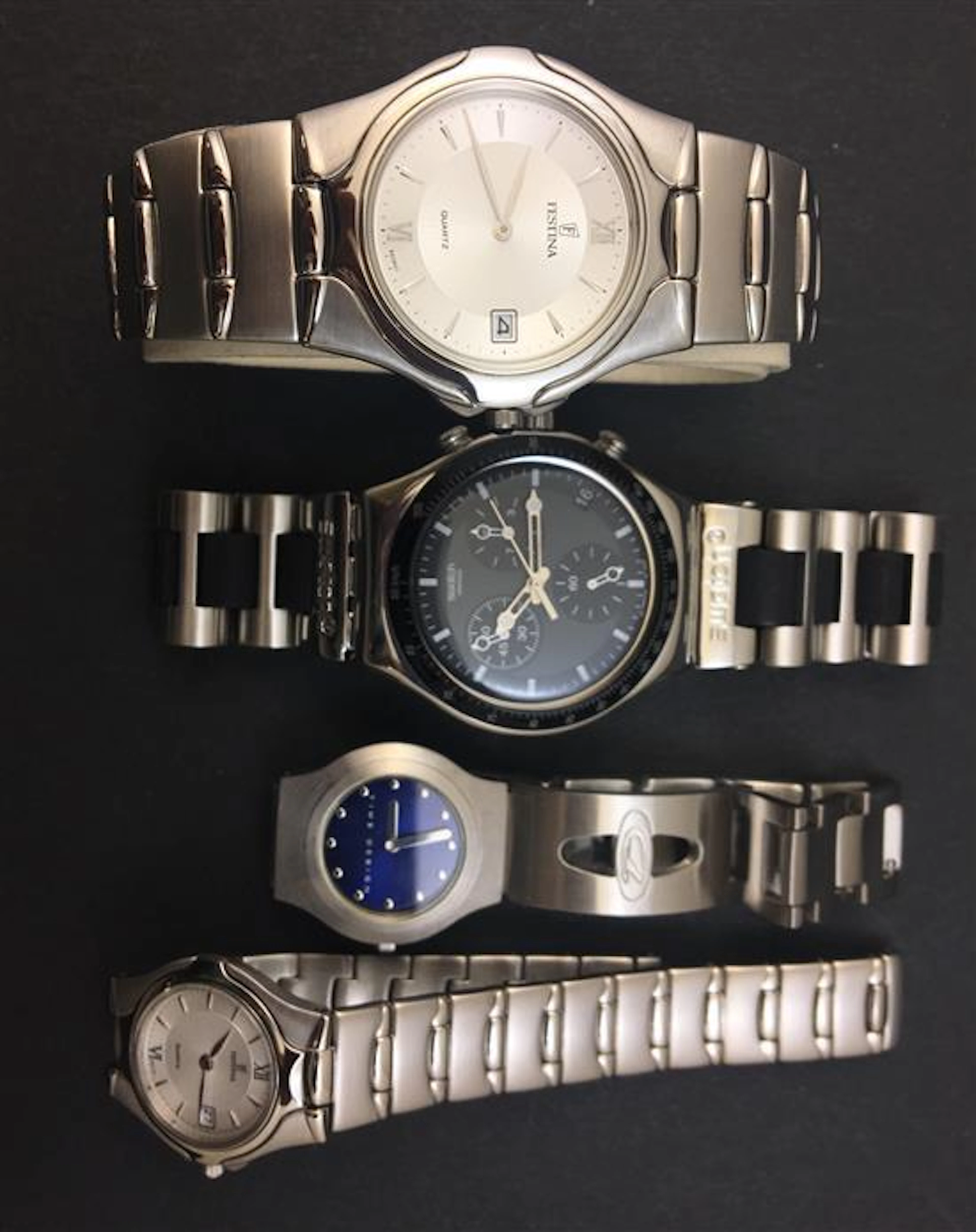 4 STAINLESS MEN'S AND LADIES WATCHES INCLUDING SWATCH AND FESTINA