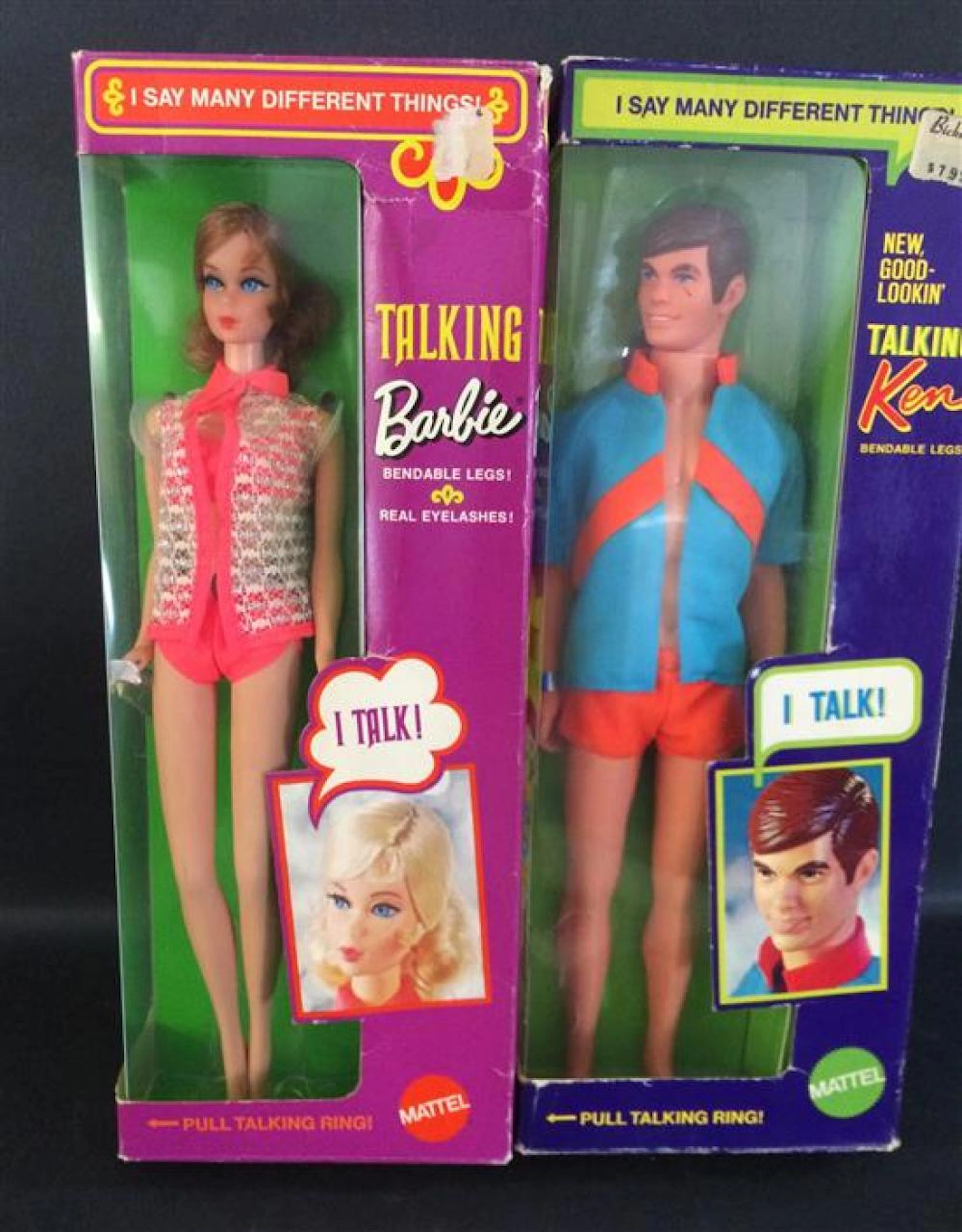 VINTAGE NRFB #115 TALKING BARBIE AND NRFB #1111 TALKING KEN; BOTH WITH BENDABLE LEGS. TITIAN BARBIE HAS FOIL WRIST TAG AND WEARS COR...