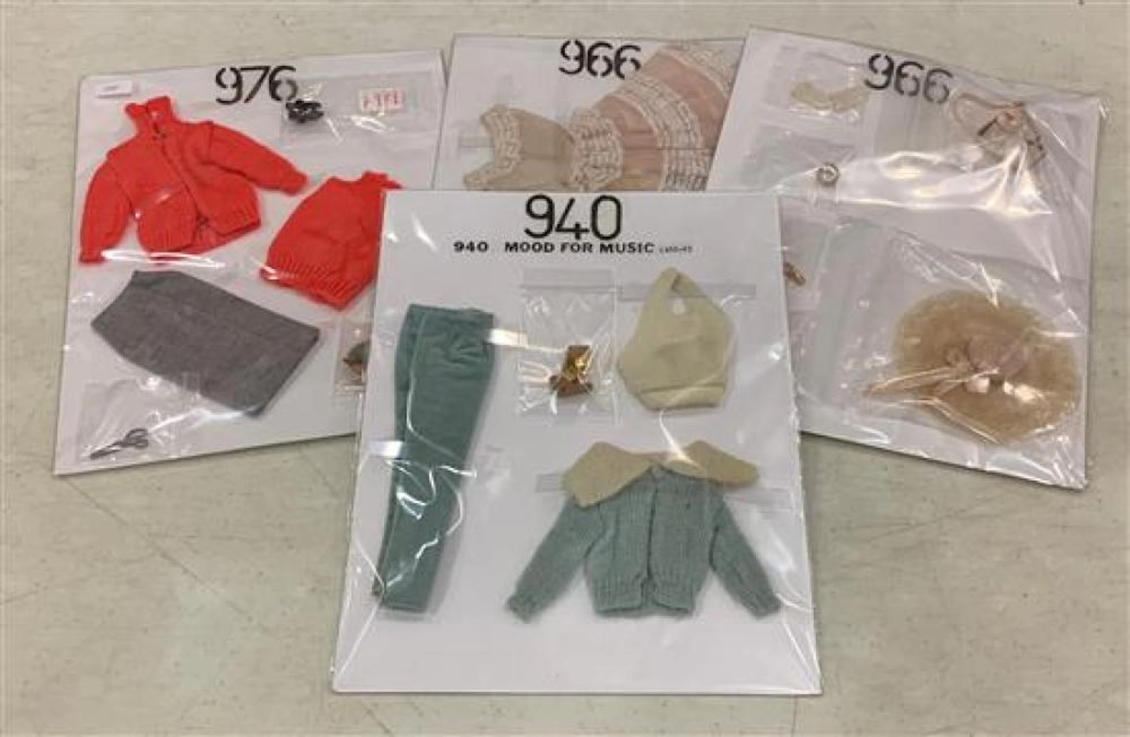 3 VINTAGE BARBIE OUTFITS INCLUDING "PLANTATION BELLE" #966 (MISSING EARRINGS), "MOOD FOR MUSIC" #940 (MISSING NECKLACE), AND "SWEATE...