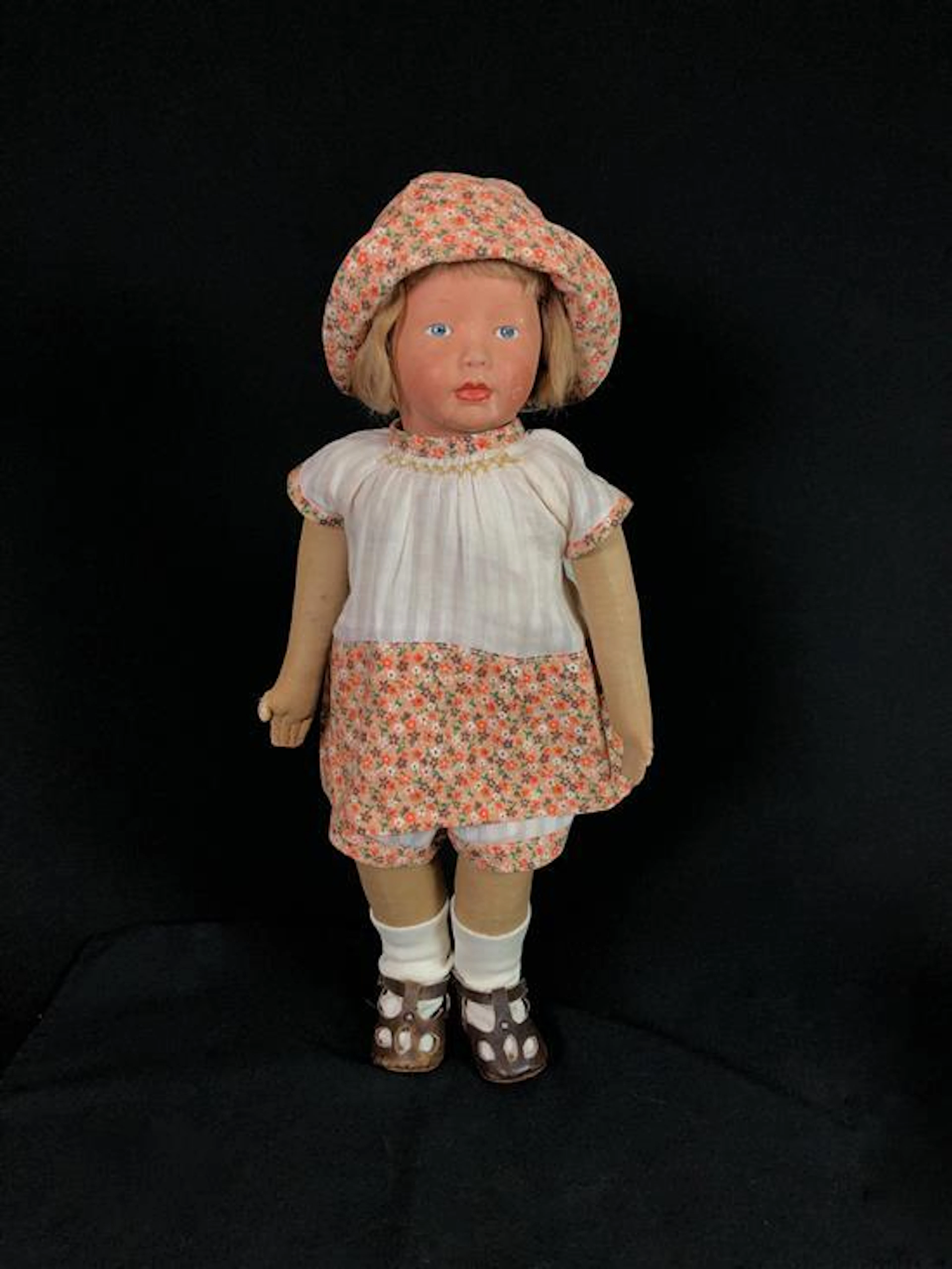 19" KAMKINS ALL CLOTH DOLLY. MOHAIR WIG, MOLDED MASK FACE WITH PAINTED FEATURES. LABELED "KAMKINS" BODY, SWIVEL HEAD, CLOTH BODY WIT...