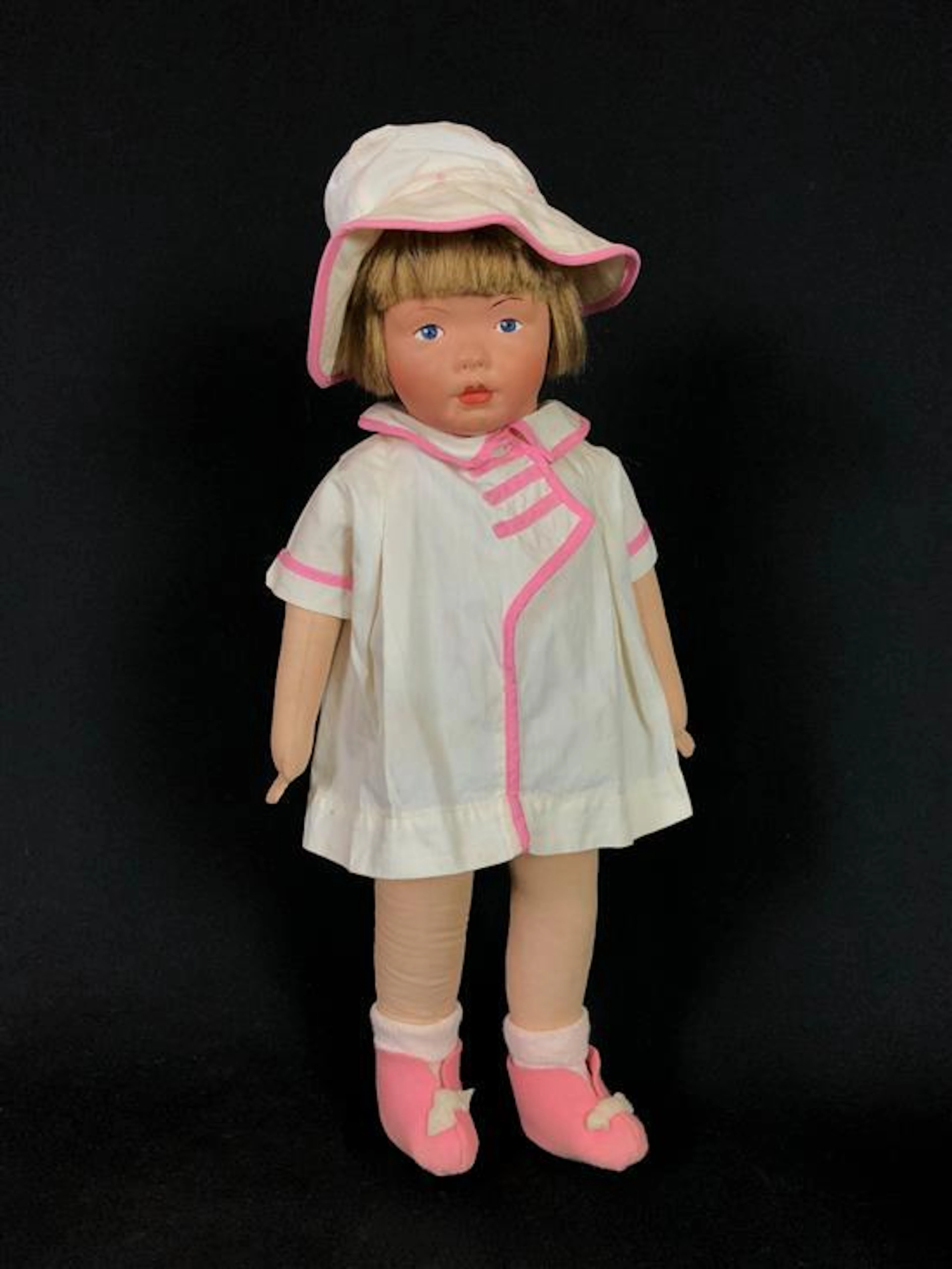 19" KAMKINS ALL CLOTH DOLLY. MOHAIR WIG ON SWIVEL HEAD, MOLDED MASK FACE WITH PAINTED FEATURES. STAMPED "KAMKINS" ON BODY STITCHED J...
