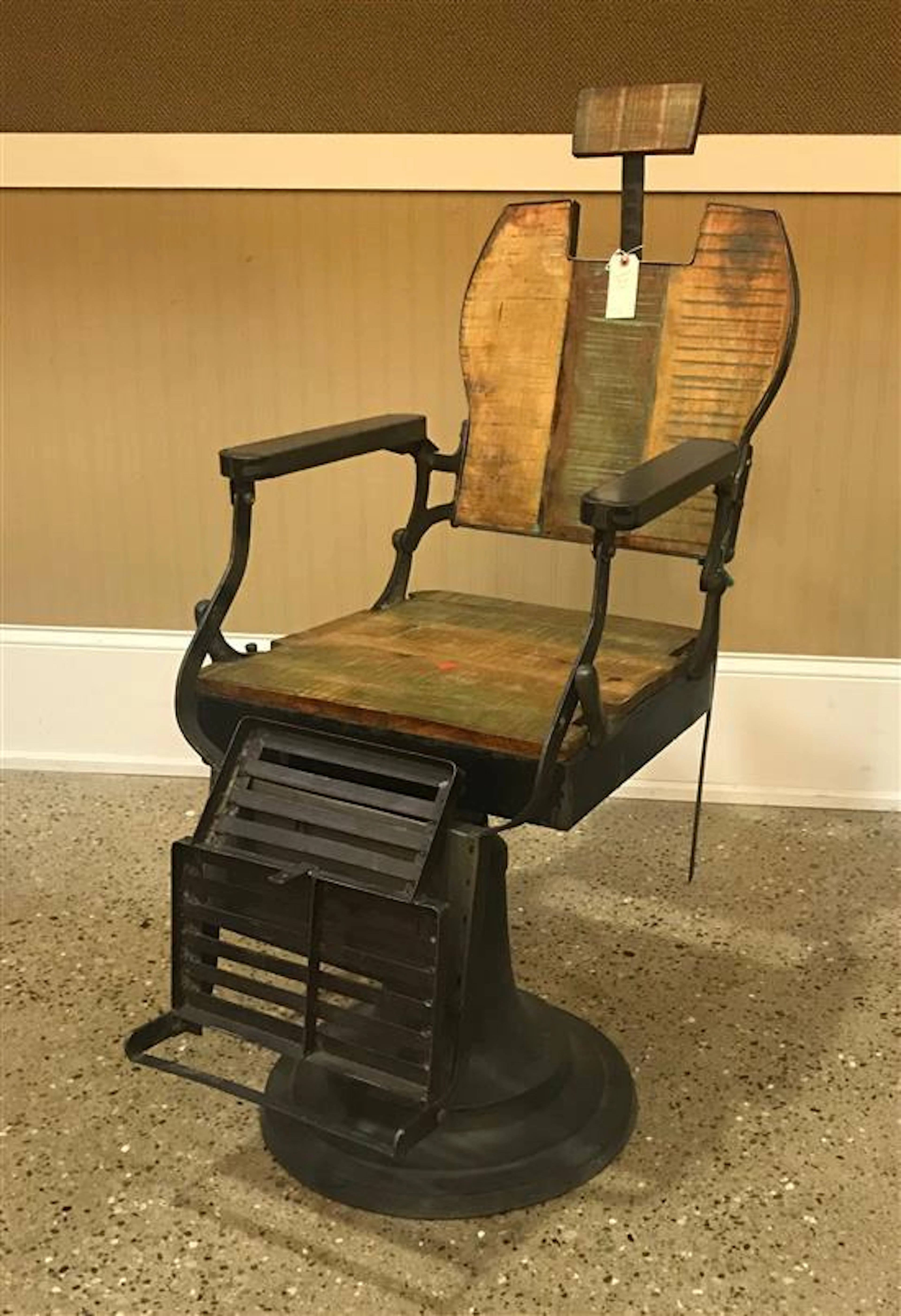 INDUSTRIAL STEAMPUNK DECORATIVE WOOD AND IRON BARBER STYLE CHAIR. TRACES OF PAINT. 51" H