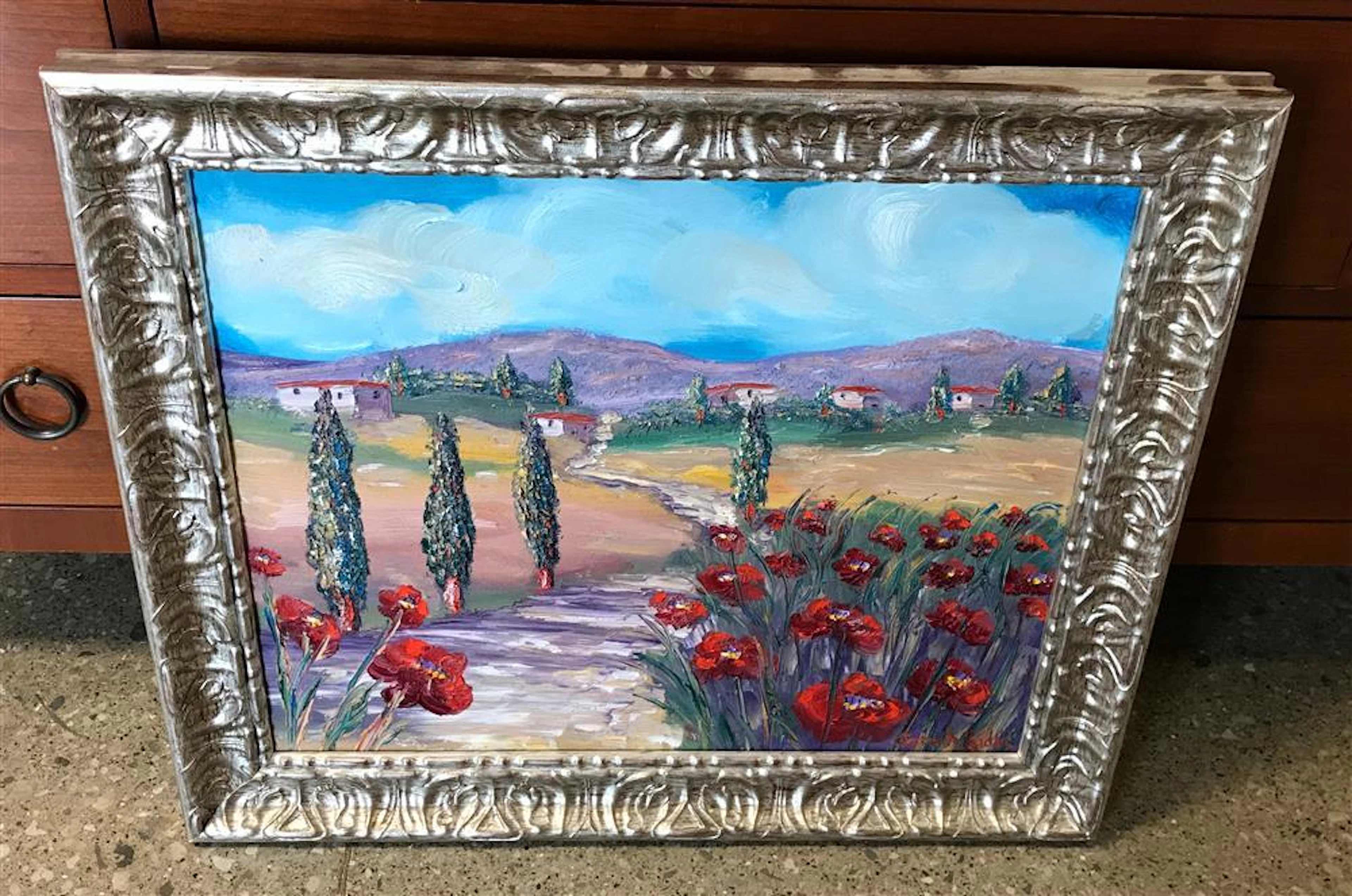 SARAH KADLIC "CLEVELAND OH" IMPRESSIONIST OIL ON CANVAS ARTWORK. TUSCAN SCENE WITH POPPIES. 29" X 26" IN SIZE.