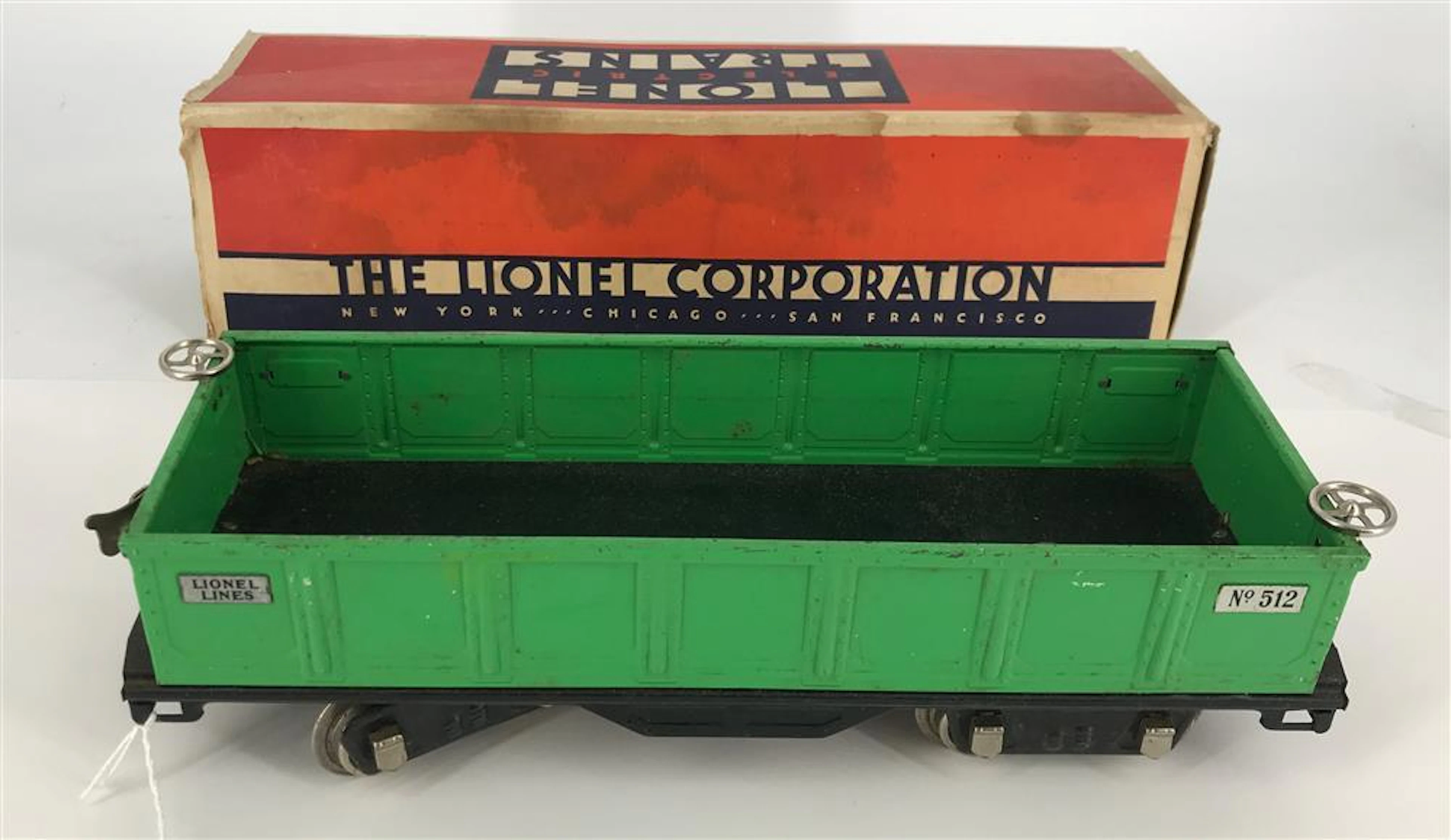 LIONEL PRE-WAR STANDARD GAUGE #512 GONDOLA LIGHT GREEN WITH OBOX