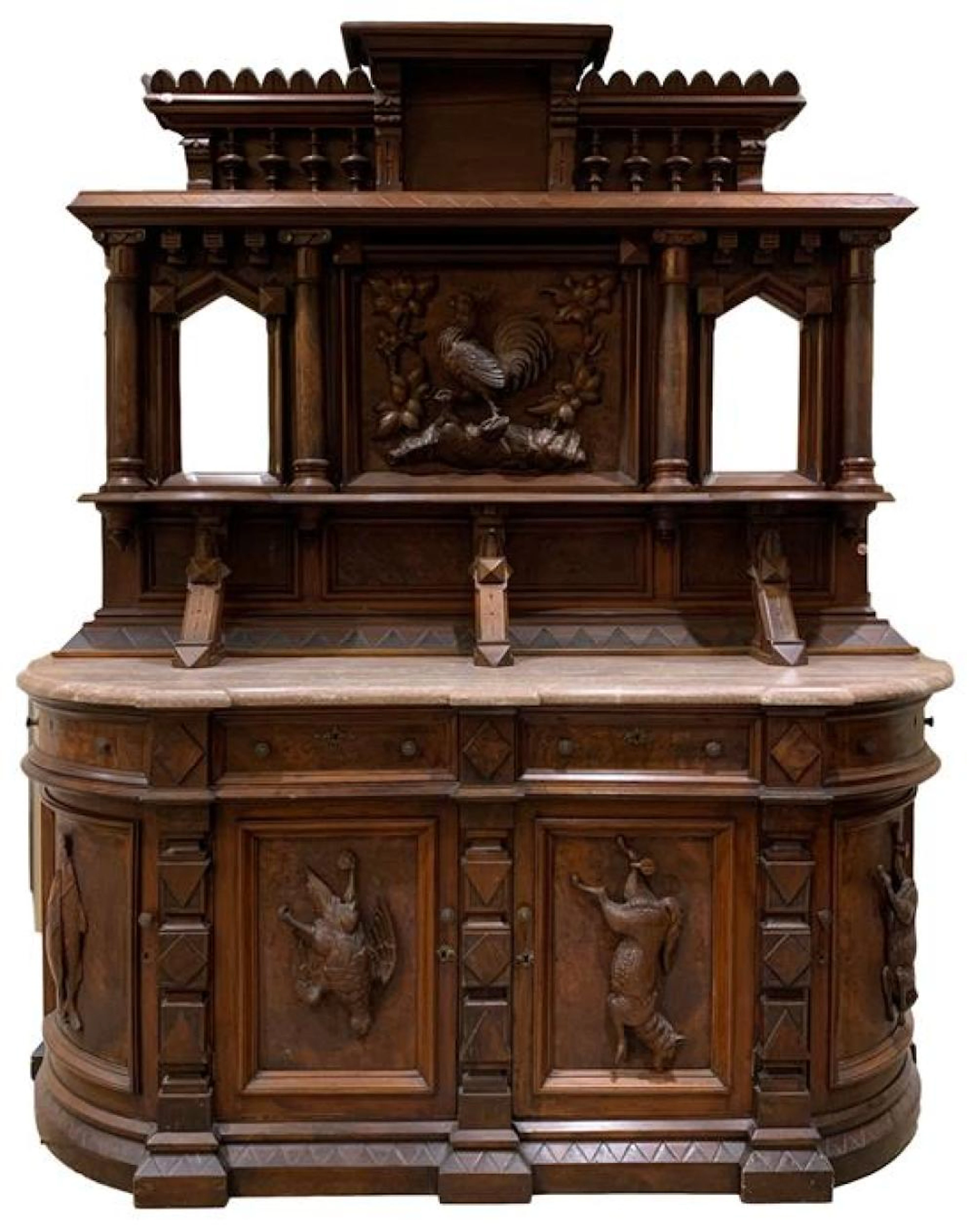 ATTRIBUTED TO MITCHELL AND RAMMELSBURG (CINCINNATI) HIGHLY CARVED RENAISSANCE REVIVAL SIDEBOARD WITH APPLIED CARVED ANIMAL FIGURES...
