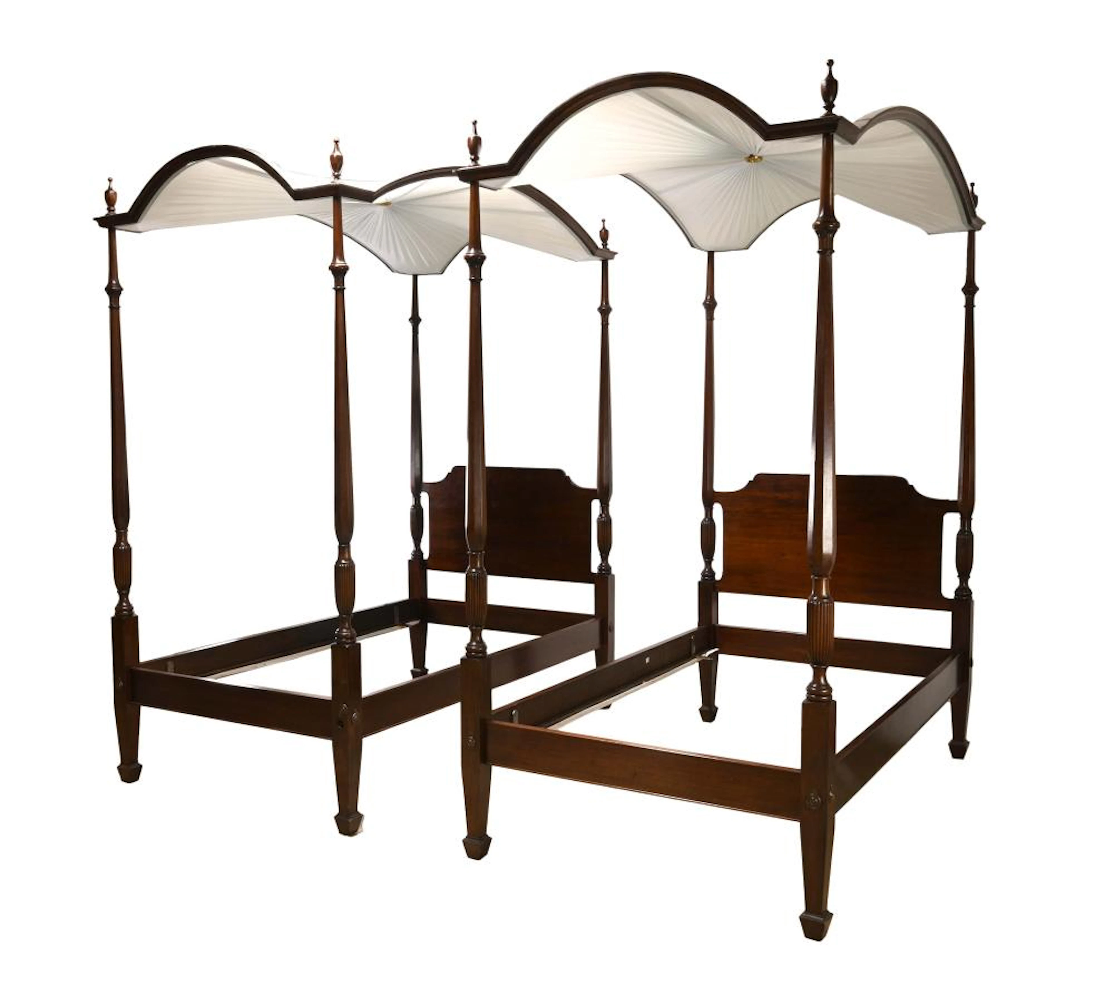 Pair Formal Mahogany Federal Style Full Canopy Twin Beds