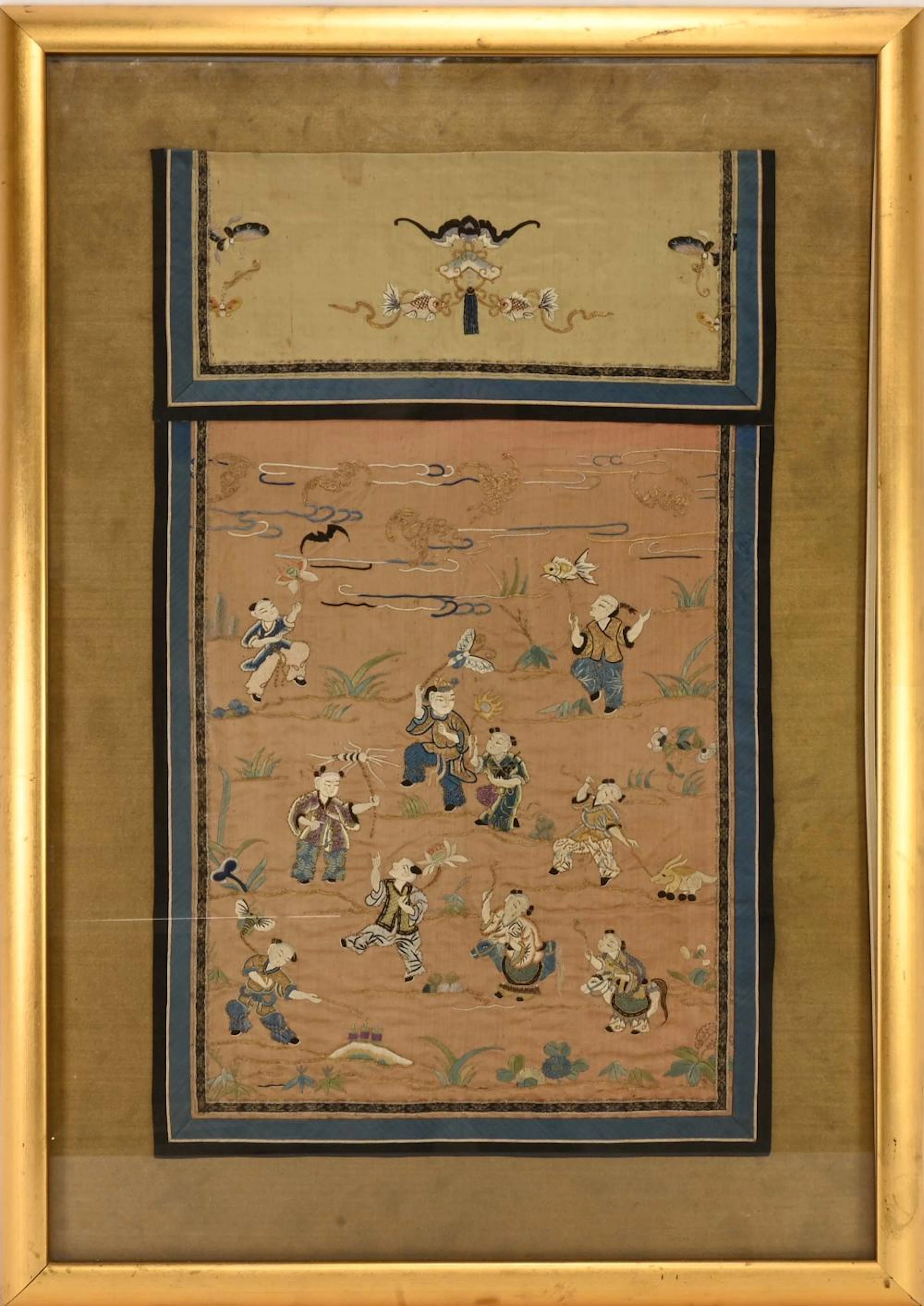 Antique Chinese Art Embroidered Silk Children Framed Panel